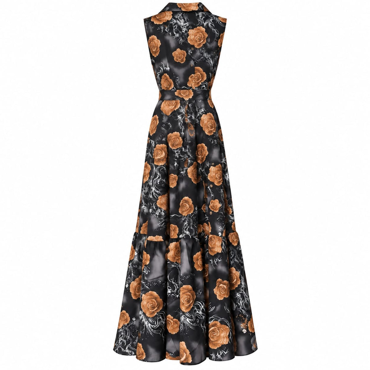 Rochie lunga neagra cu trandafiri maro, L/XL - Lichidare stoc