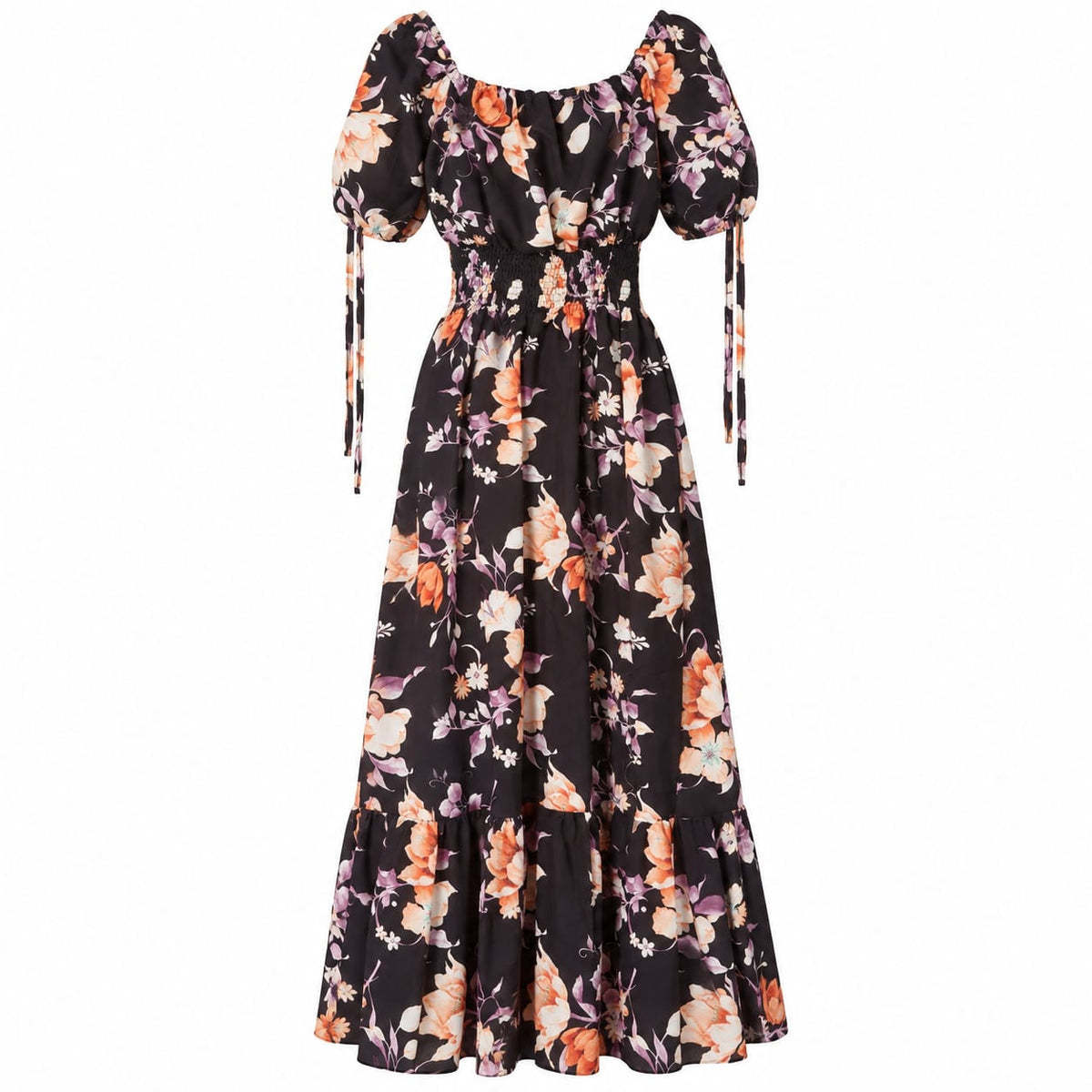 Rochie lunga neagra cu flori, marime unica - Lichidare stoc