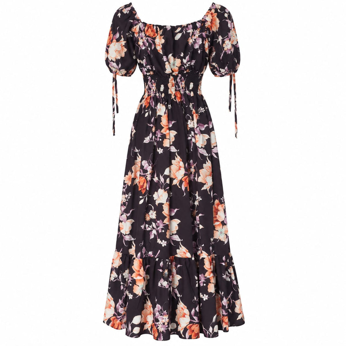 Rochie lunga neagra cu flori, marime unica - Lichidare stoc