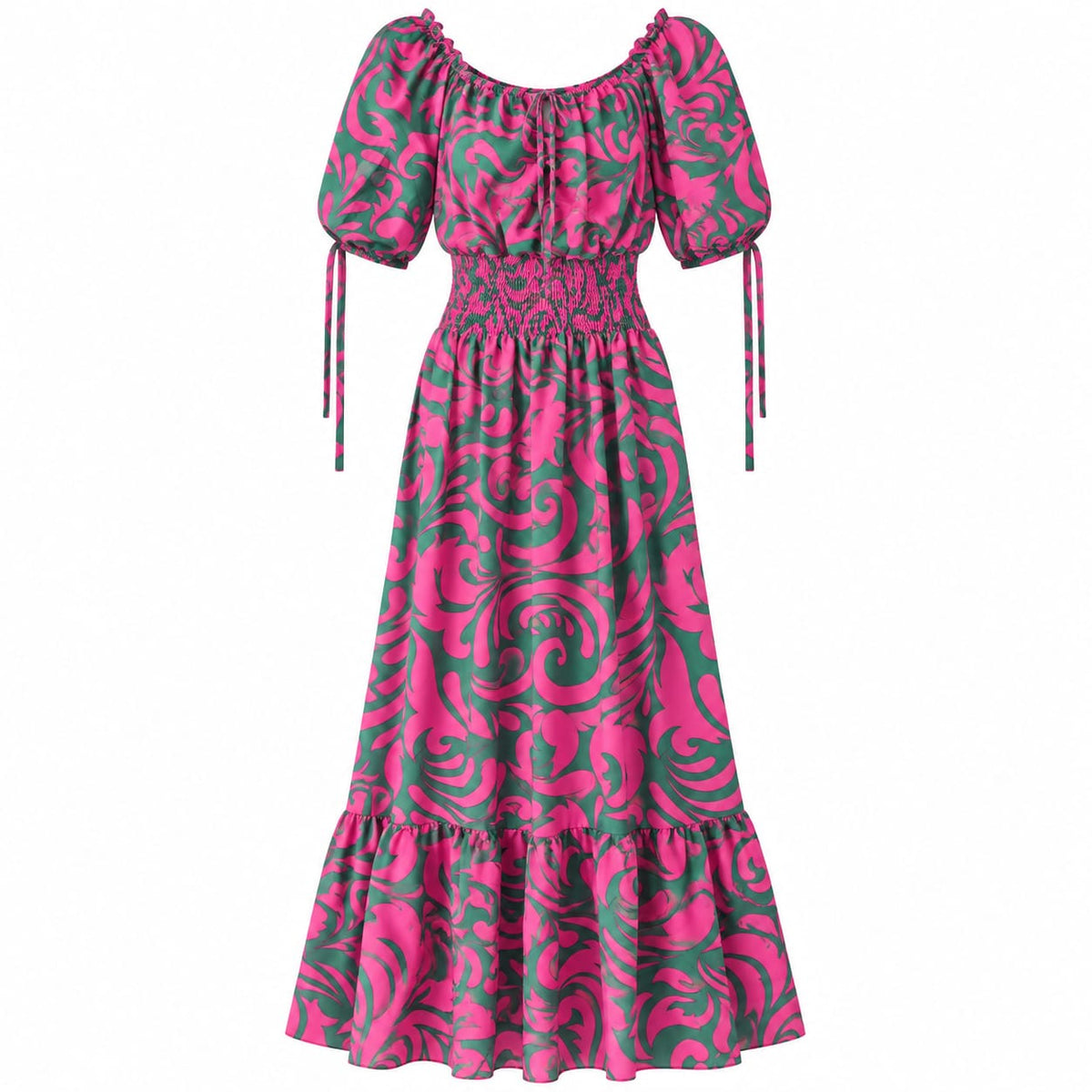Rochie lunga fucsia cu verde, marime unica - Lichidare stoc
