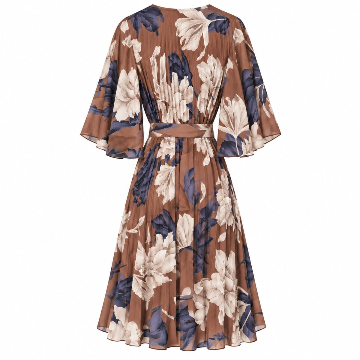 Rochie midi plisata maro cu imprimeu floral - Lichidare stoc