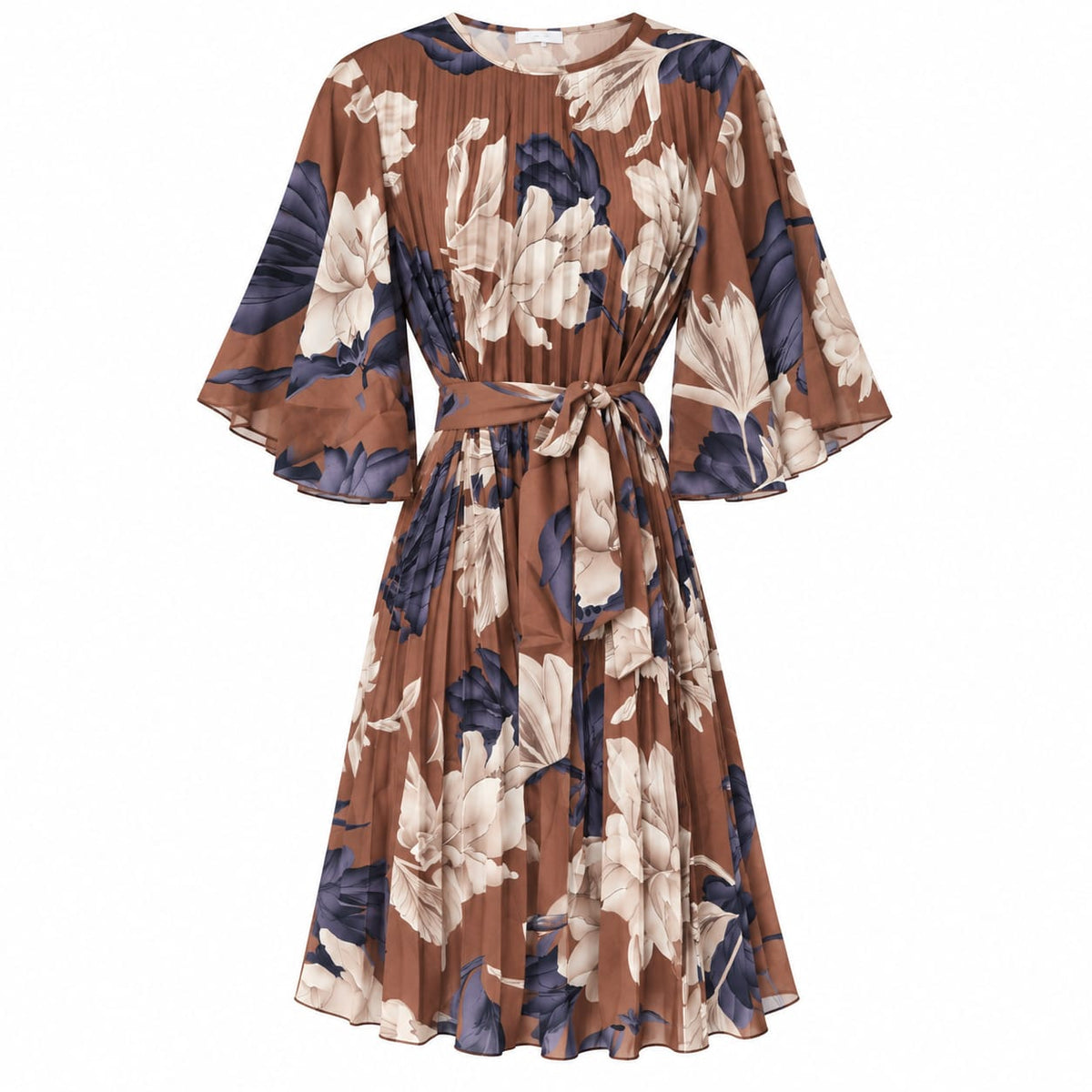 Rochie midi plisata maro cu imprimeu floral - Lichidare stoc