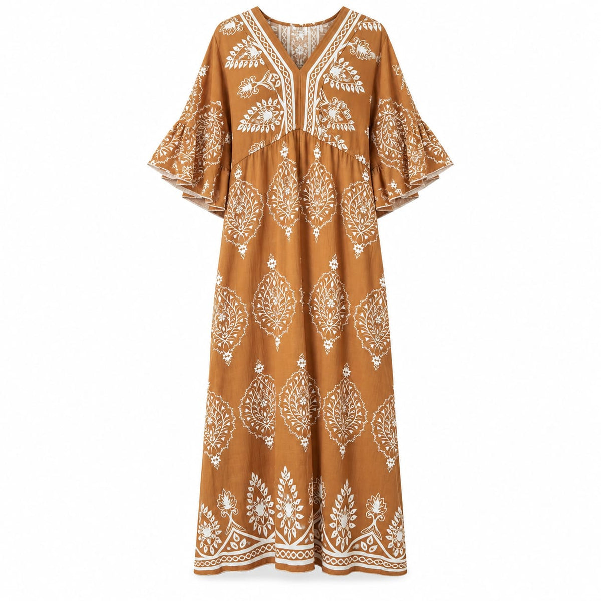 Rochie lunga caramel cu imprimeu, 3XL/4XL - Lichidare stoc