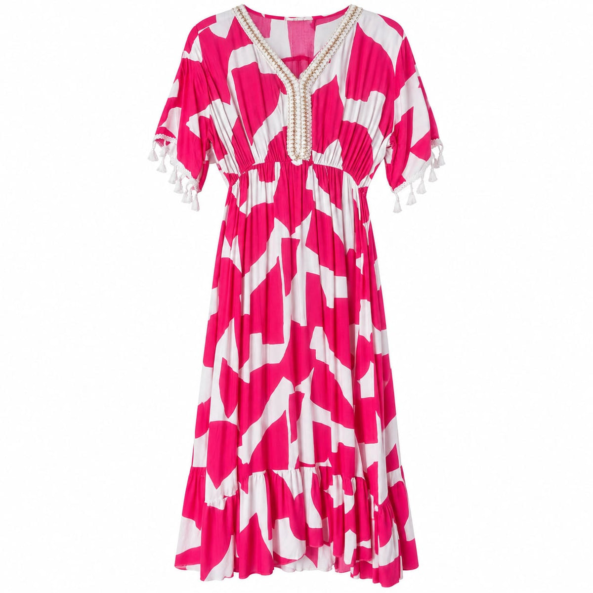 Rochie lunga roz fucsia cu ciucuri M/L la oferta - Lichidare stoc