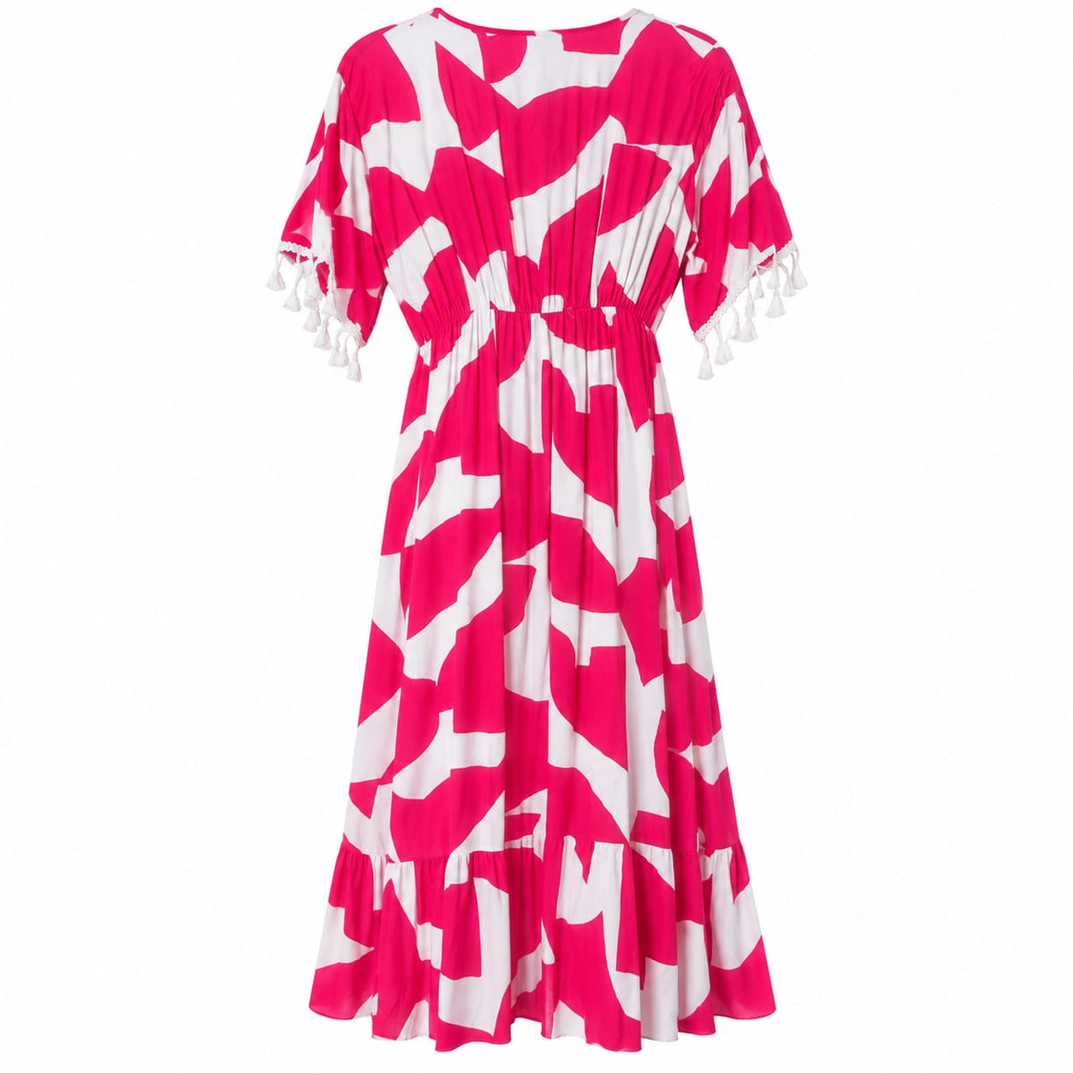 Rochie lunga roz fucsia cu ciucuri M/L la oferta - Lichidare stoc