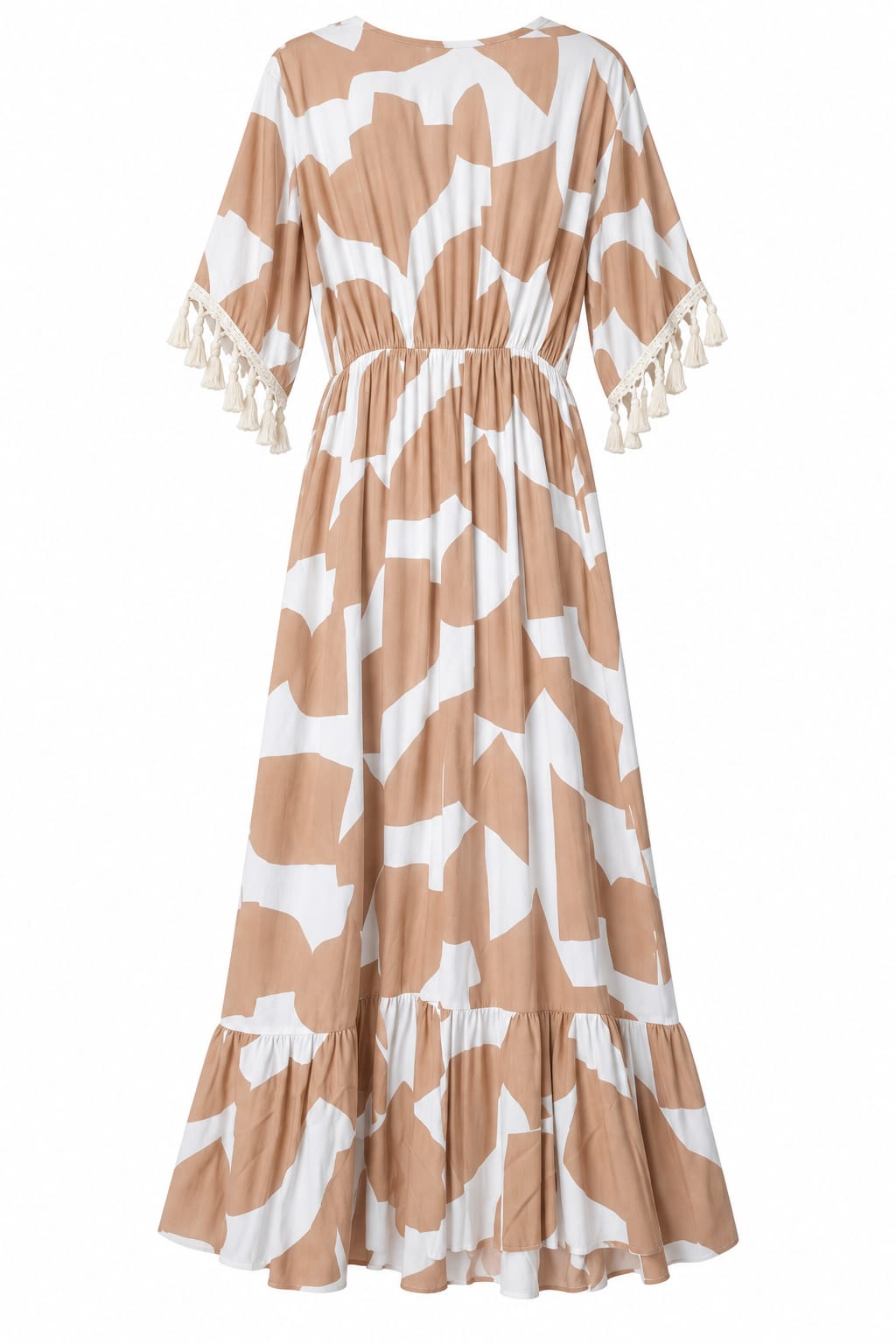 Rochie lunga bej cu ciucuri XL/XXL la oferta - Lichidare stoc