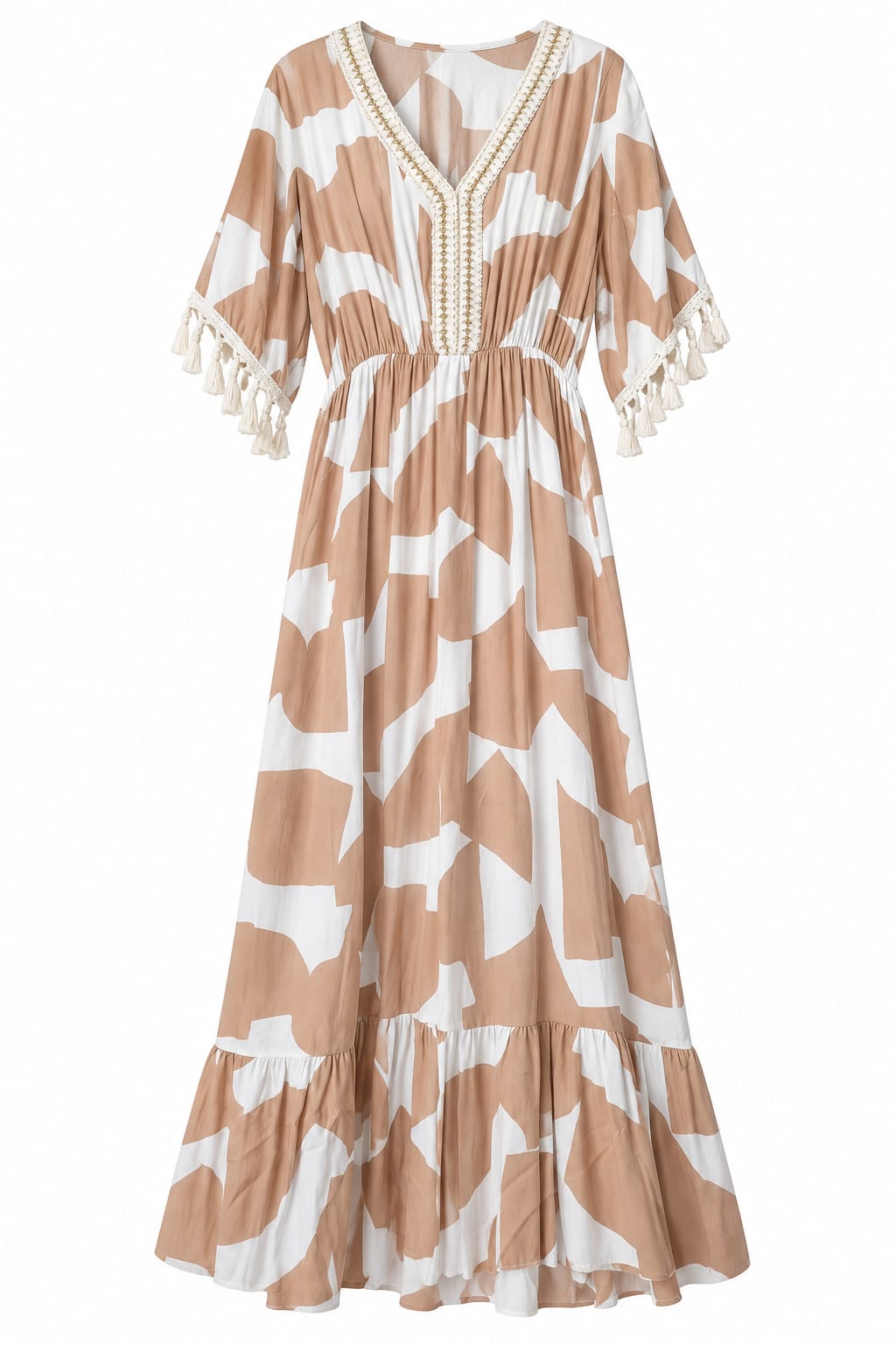 Rochie lunga bej cu ciucuri XL/XXL la oferta - Lichidare stoc