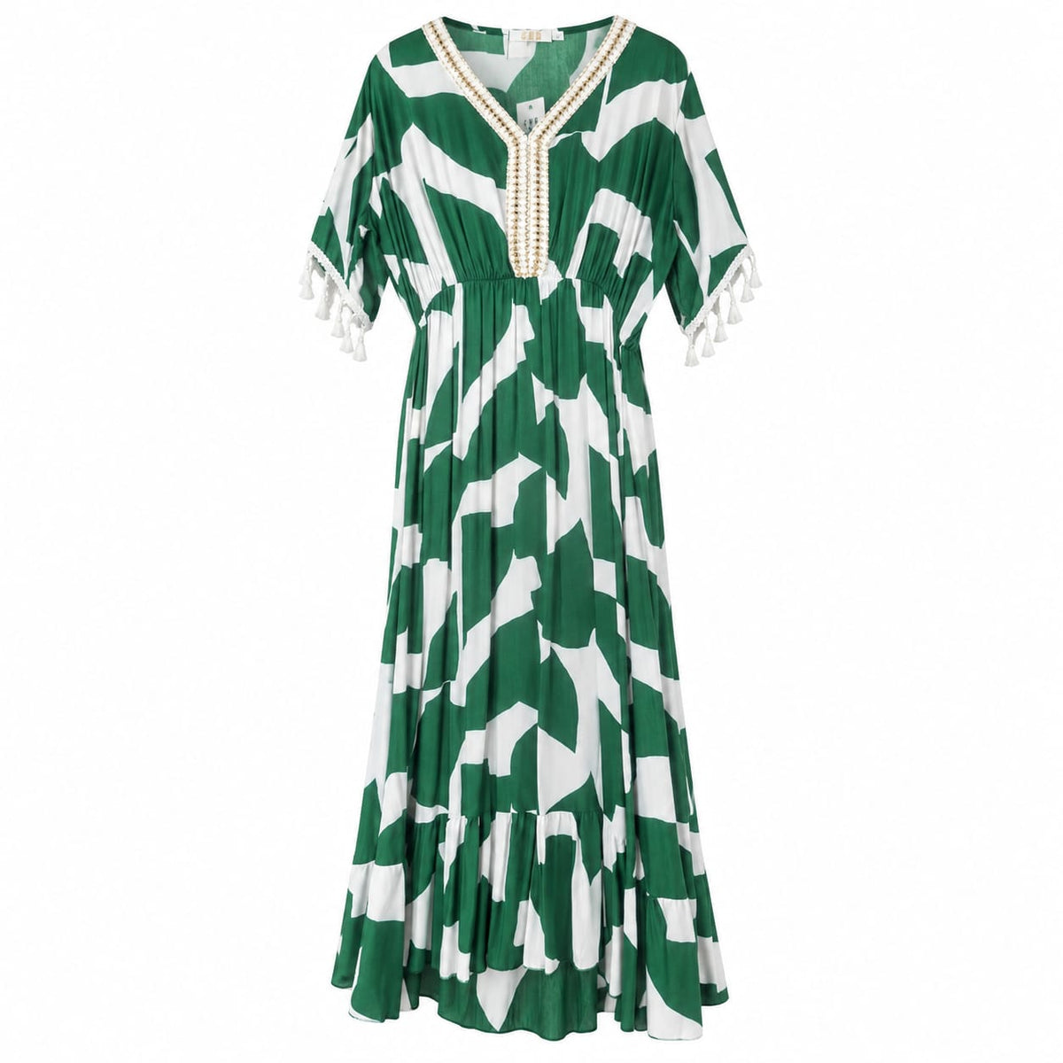 Rochie lunga verde cu ciucuri M/L la oferta - Lichidare stoc
