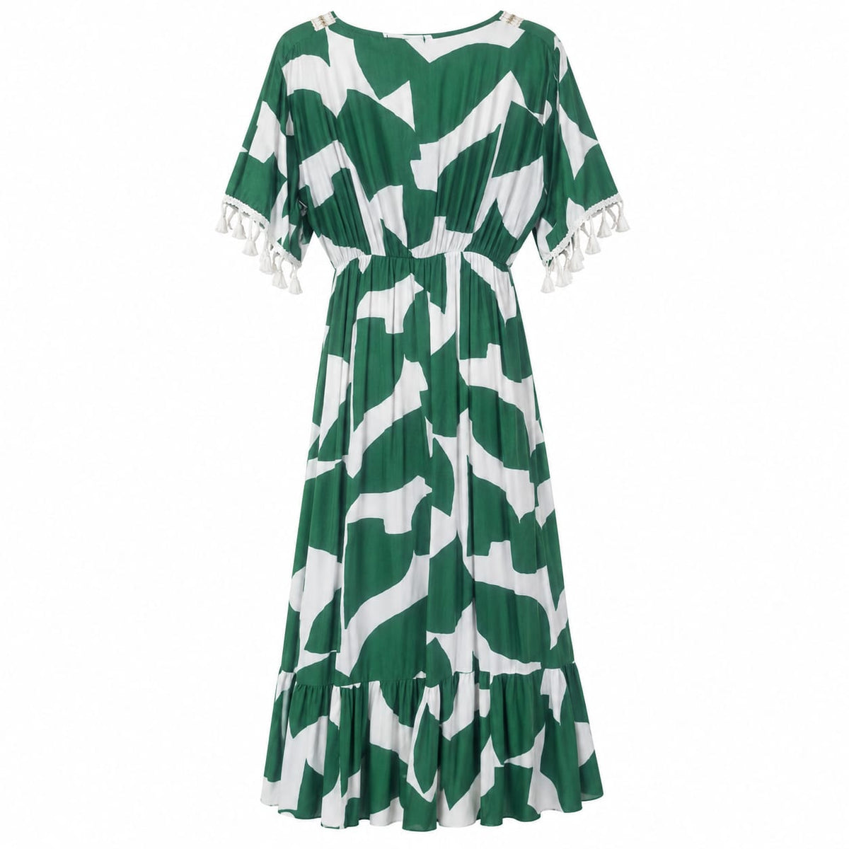 Rochie lunga verde cu ciucuri M/L la oferta - Lichidare stoc