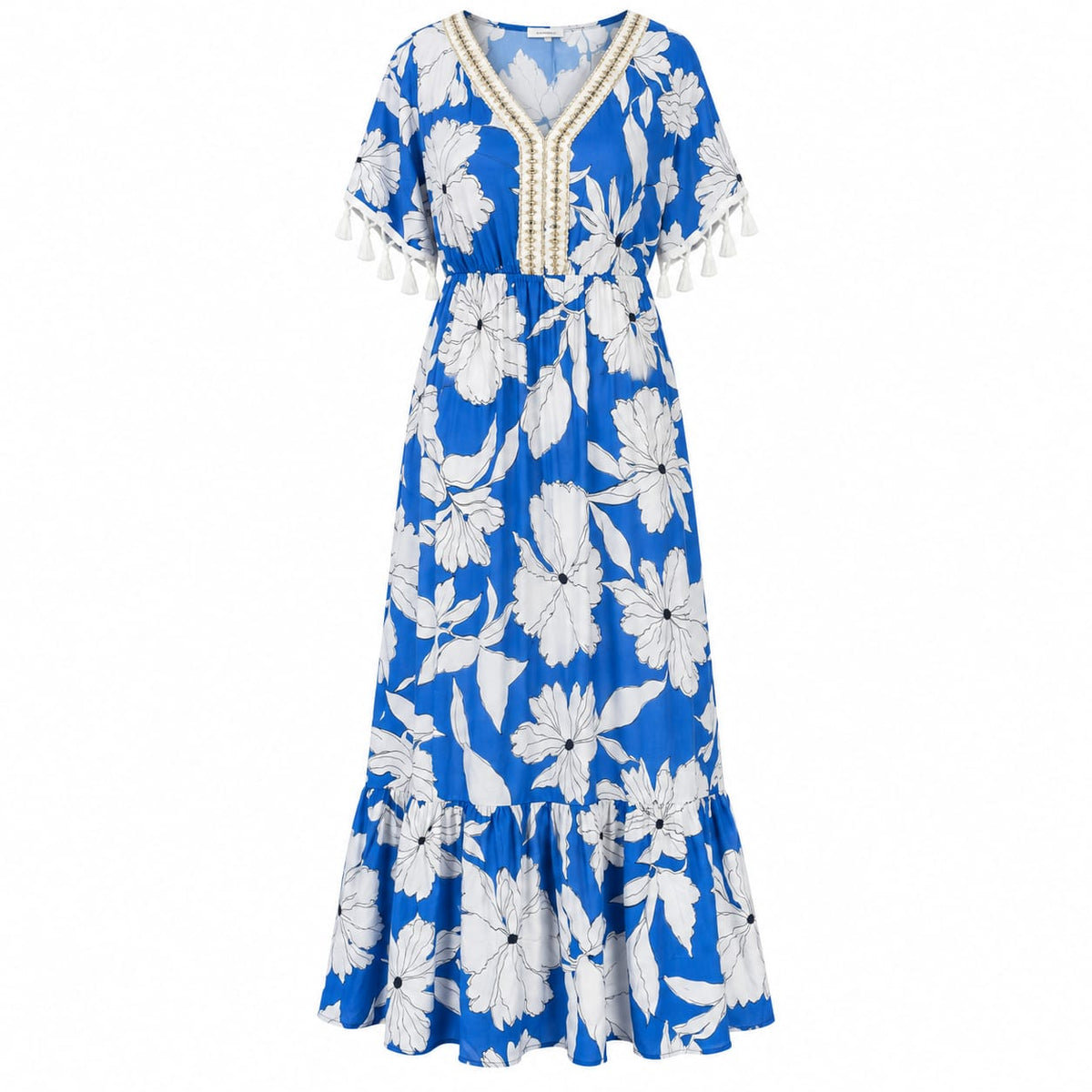 Rochie lunga albastra cu flori M/L la oferta - Lichidare stoc