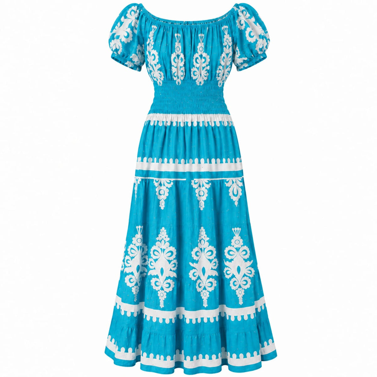 Rochie lunga de vara dama turcoaz cu imprimeu alb, marime 3XL/4XL - Lichidare stoc