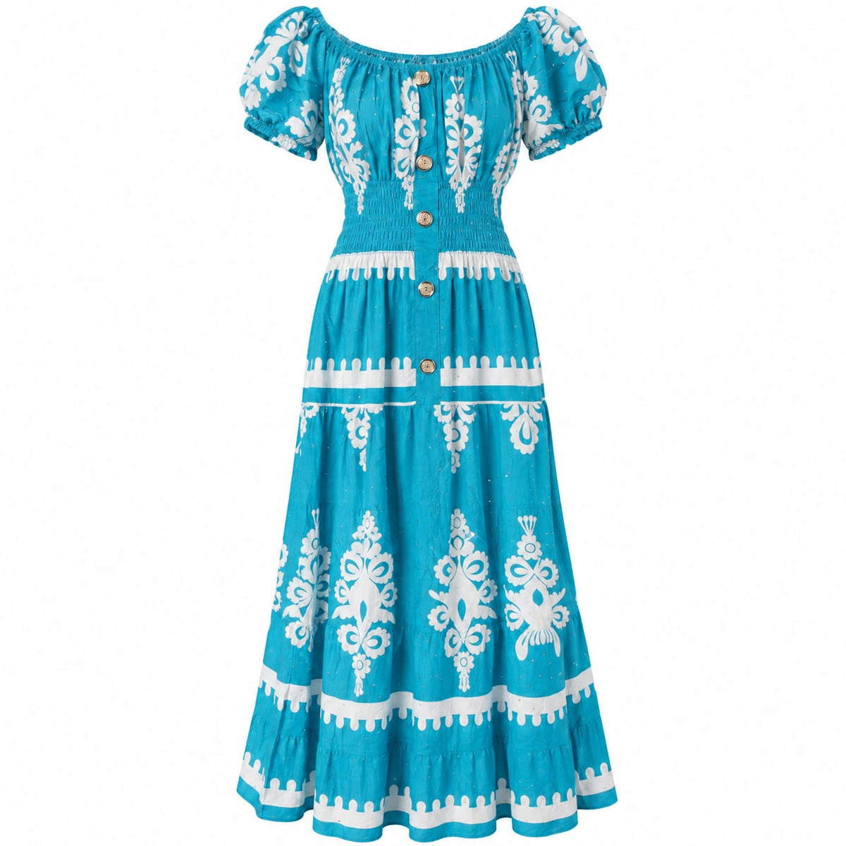 Rochie lunga de vara dama turcoaz cu imprimeu alb, marime 3XL/4XL - Lichidare stoc