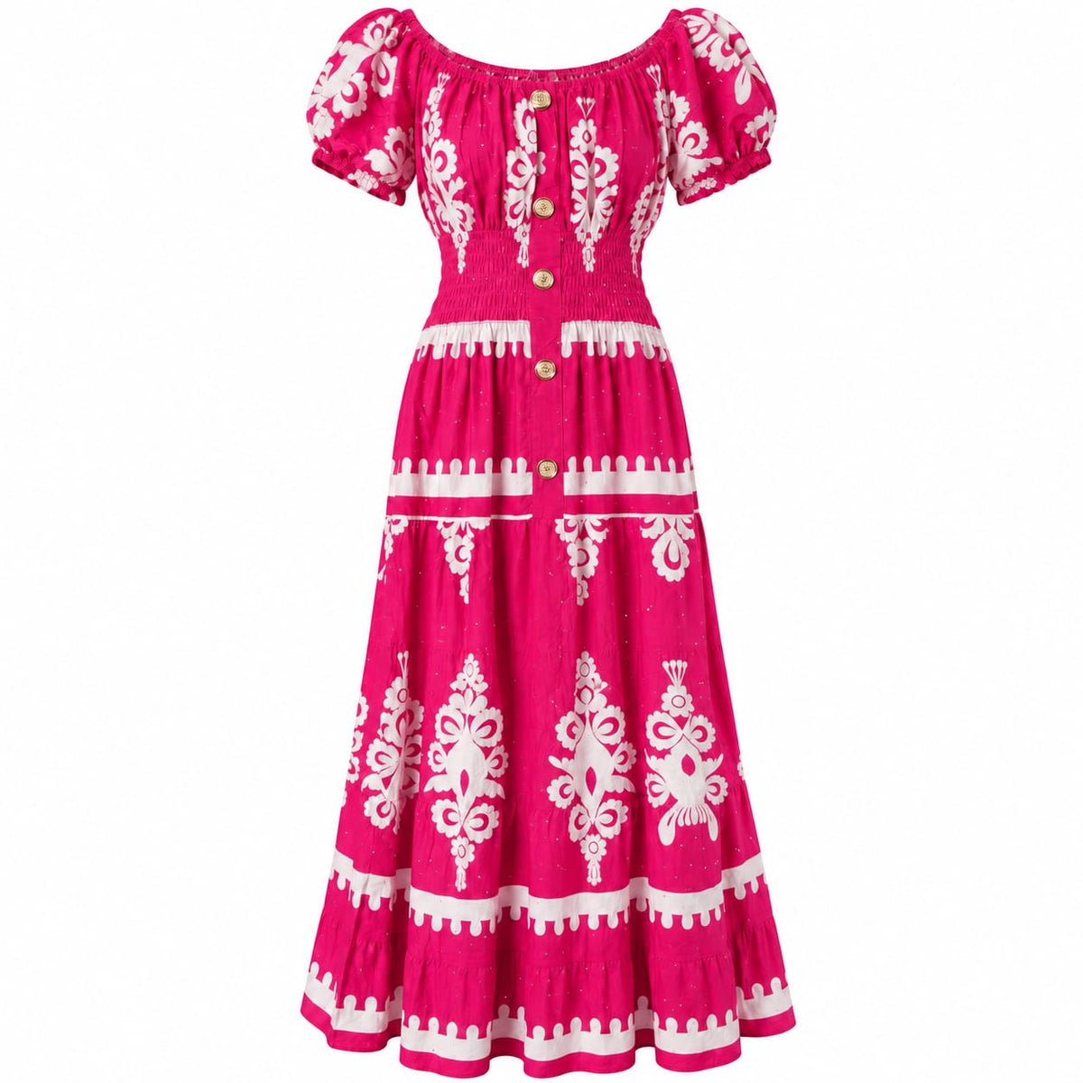 Rochie lunga de vara dama fucsia cu imprimeu alb, marime 3XL/4XL - Lichidare stoc