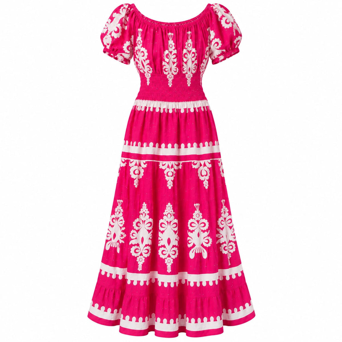 Rochie lunga de vara dama fucsia cu imprimeu alb, marime 3XL/4XL - Lichidare stoc