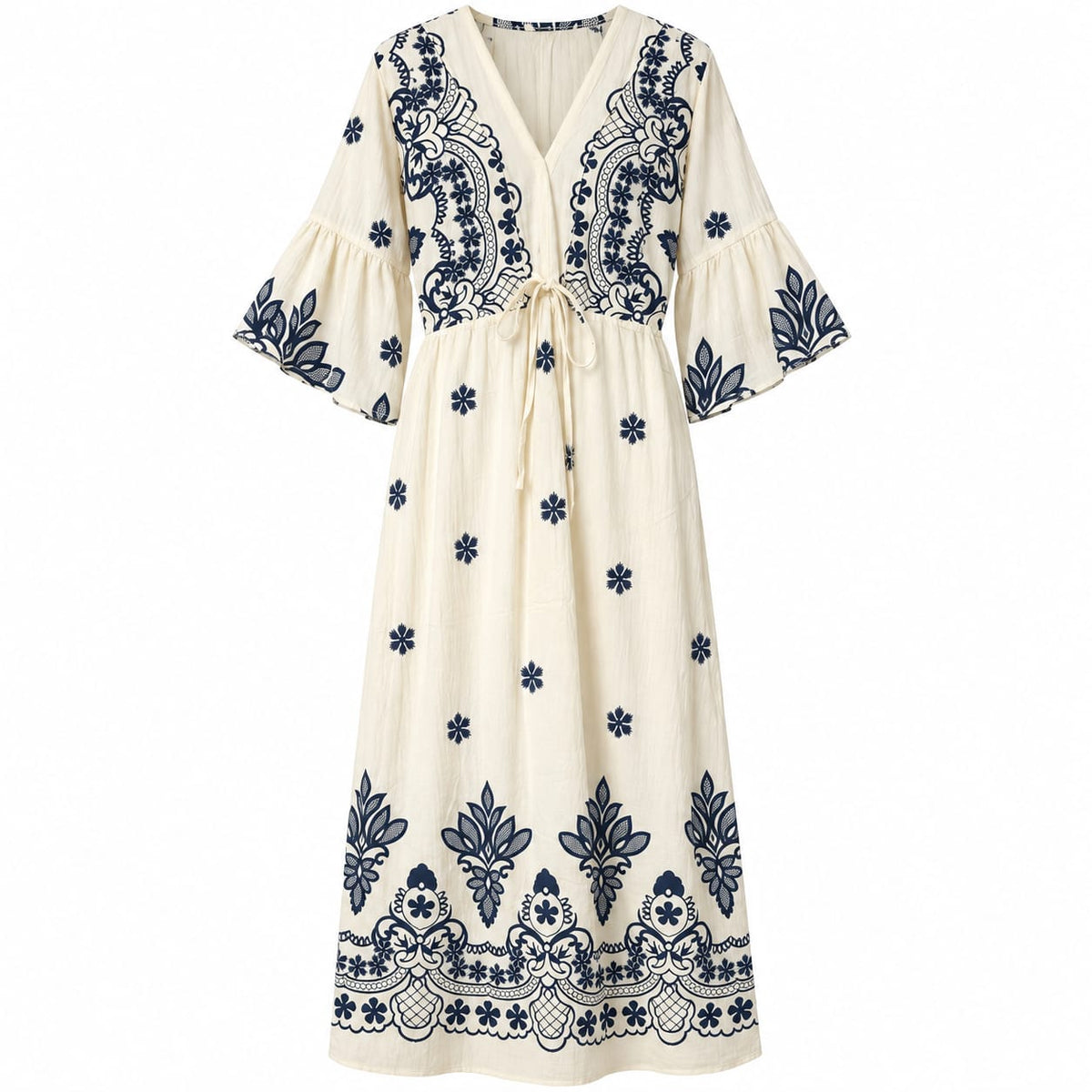 Rochie lunga crem-bleumarin la oferta - Lichidare stoc