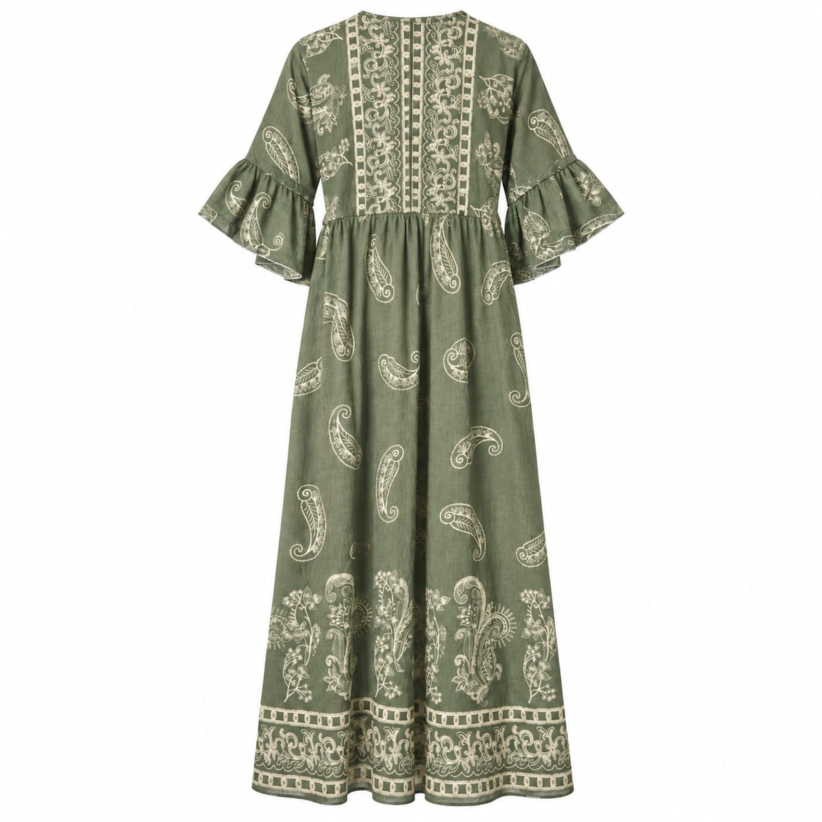 Rochie lunga de vara dama verde kaki cu imprimeu paisley, marime XL/XXL - Lichidare stoc