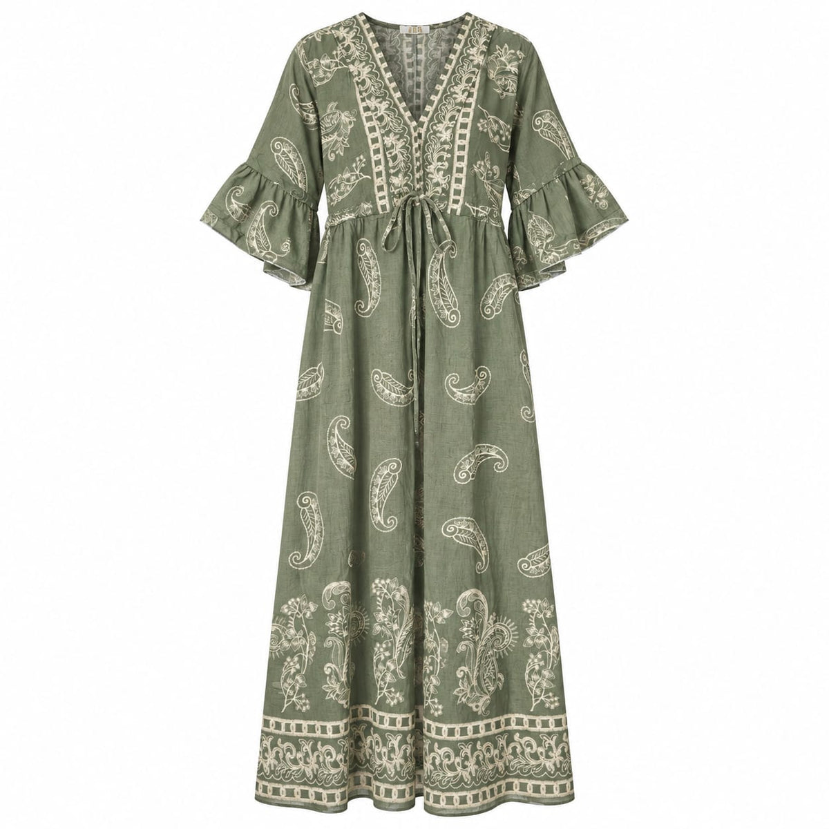Rochie lunga de vara dama verde kaki cu imprimeu paisley, marime XL/XXL - Lichidare stoc