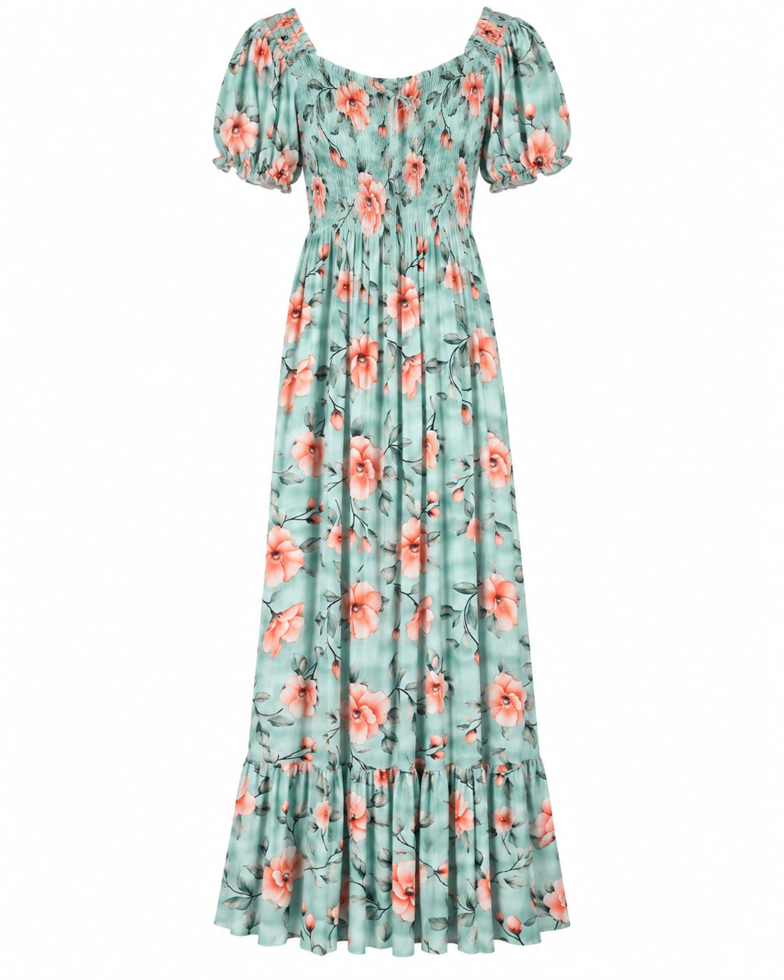 Rochie lunga de vara dama verde menta cu imprimeu floral, marime 3XL/4XL - Lichidare stoc