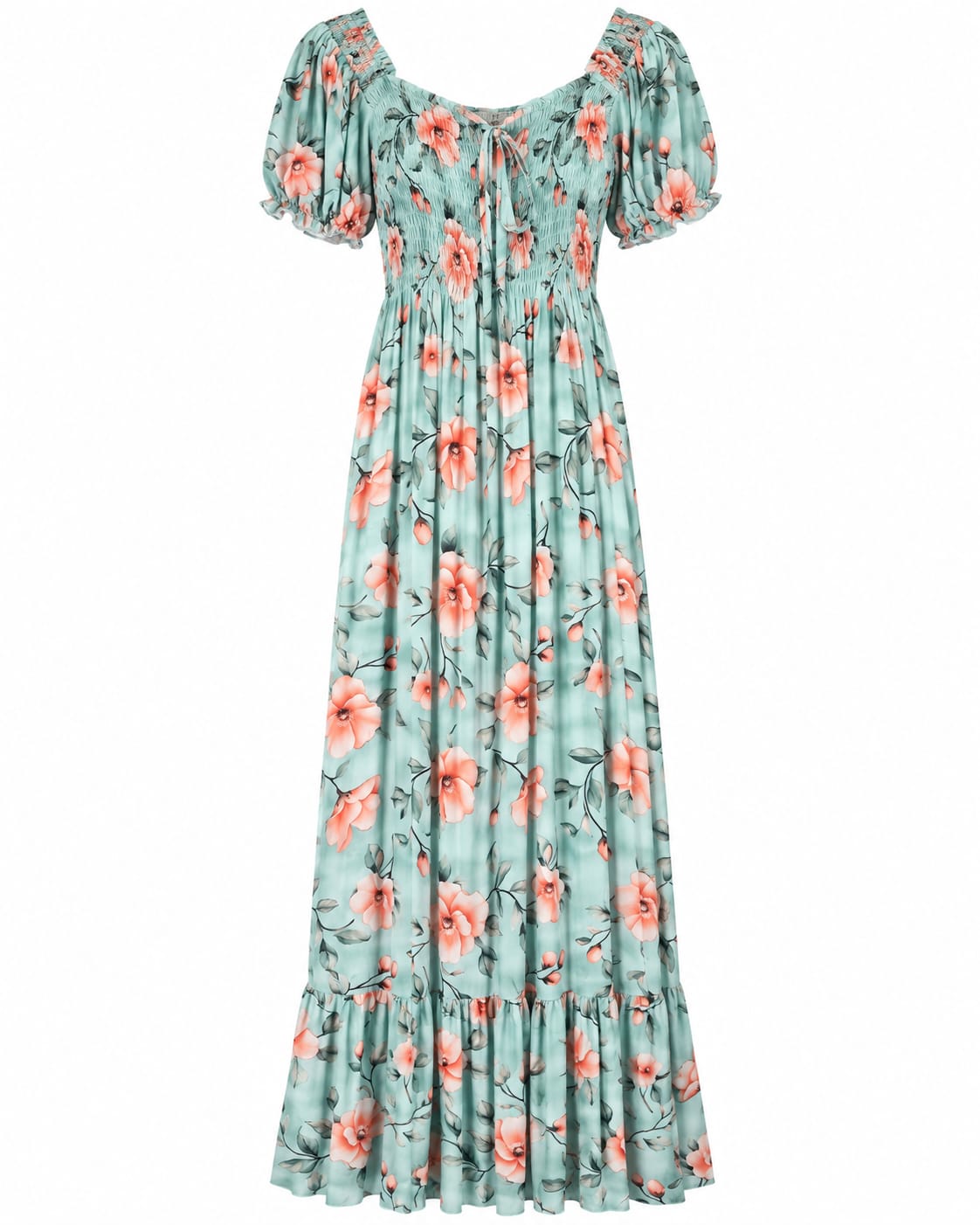 Rochie lunga de vara dama verde menta cu imprimeu floral, marime 3XL/4XL - Lichidare stoc