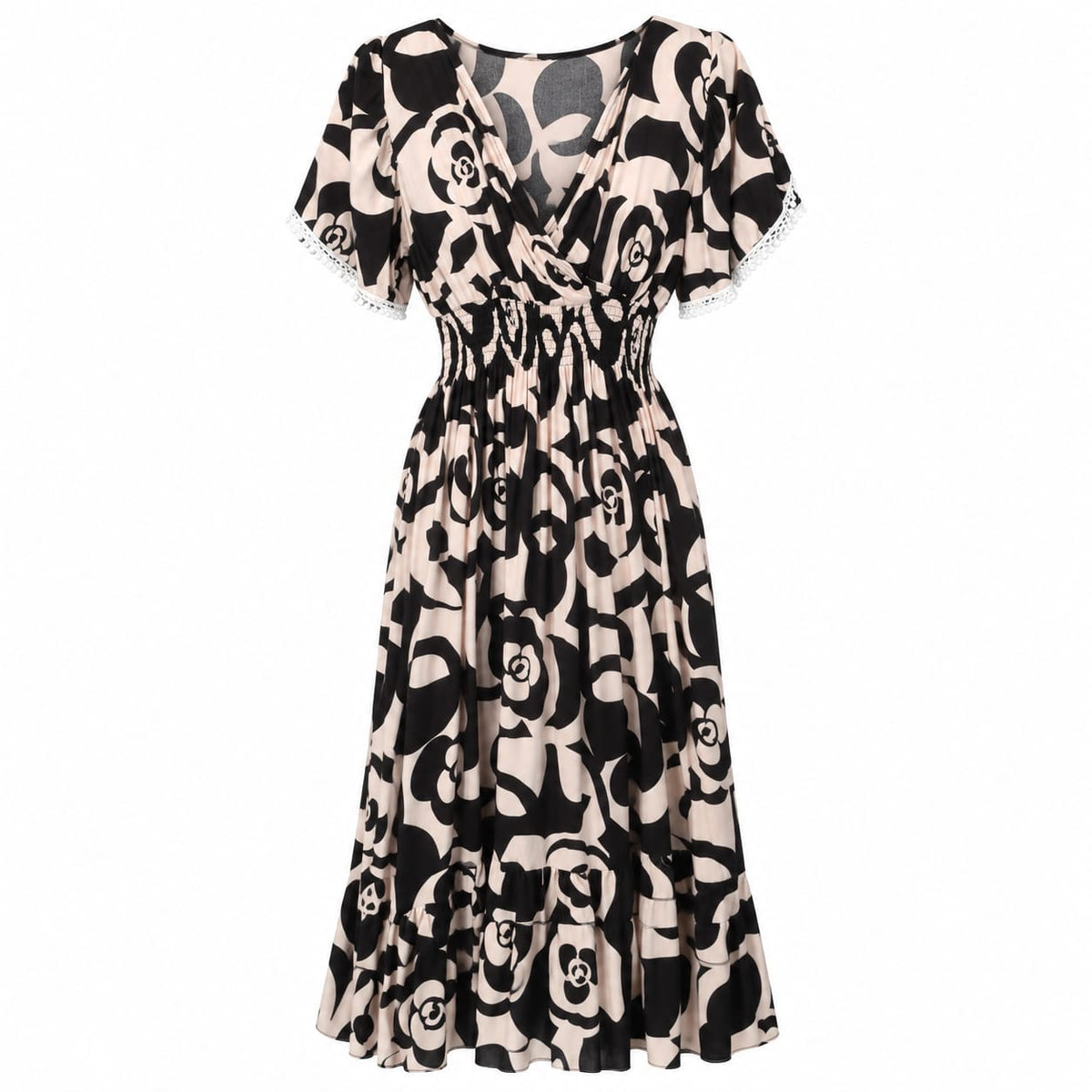 Rochie midi florala bej-negru la oferta - Lichidare stoc