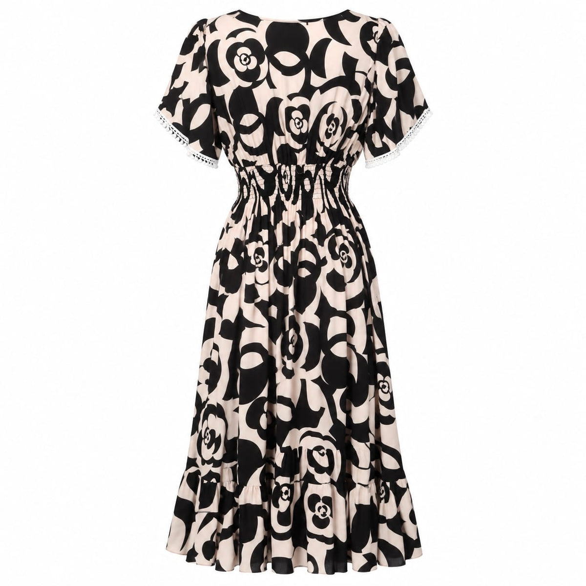 Rochie midi florala bej-negru la oferta - Lichidare stoc