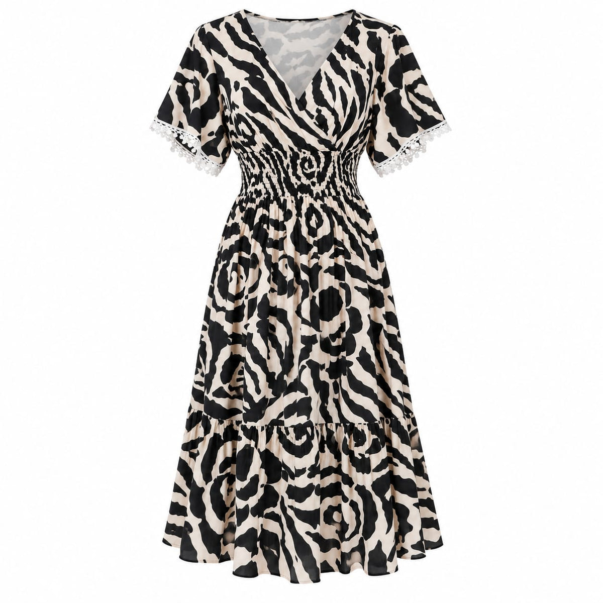 Rochie midi dama negru-crem, cu talie elastica si volan