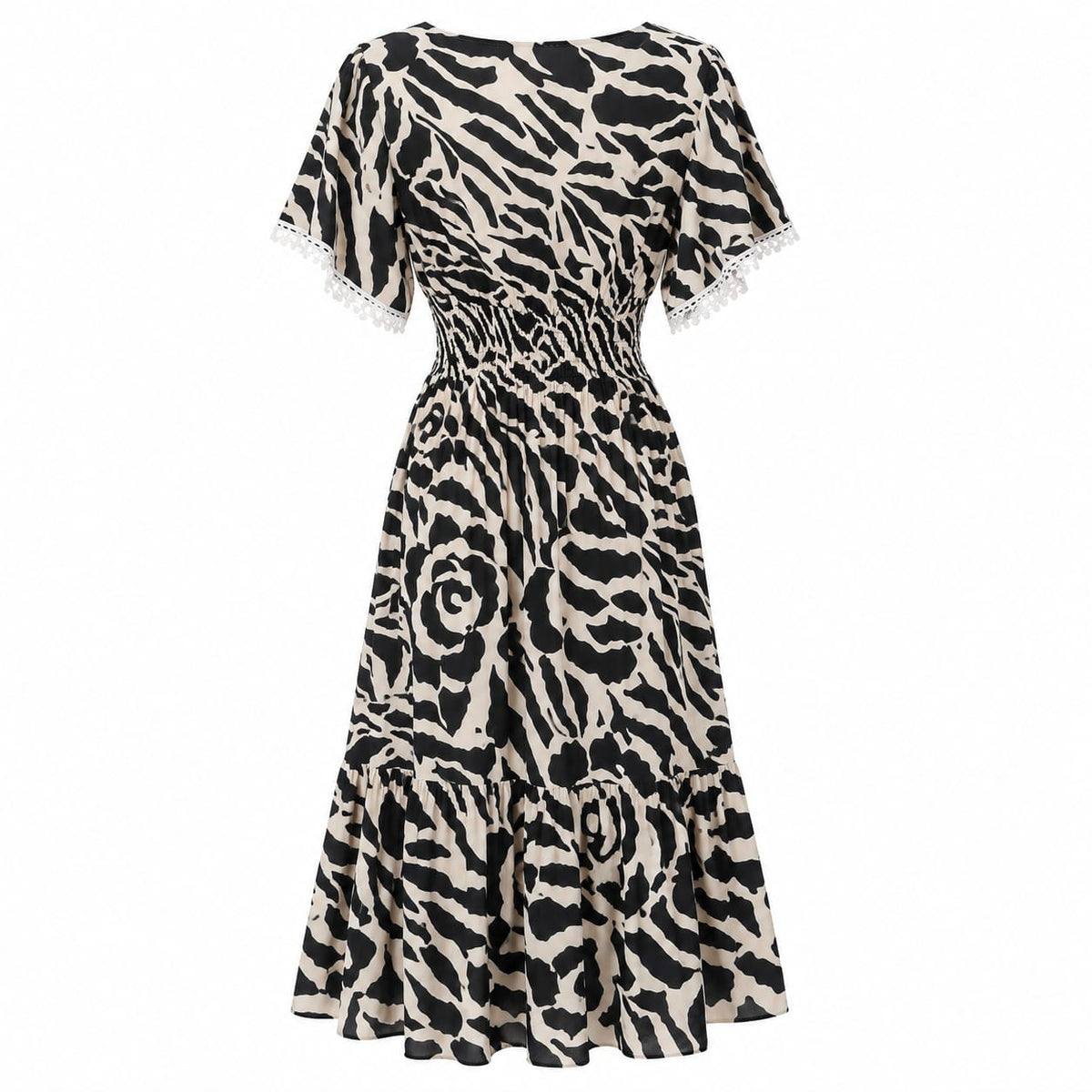 Rochie midi dama negru-crem, cu talie elastica si volan