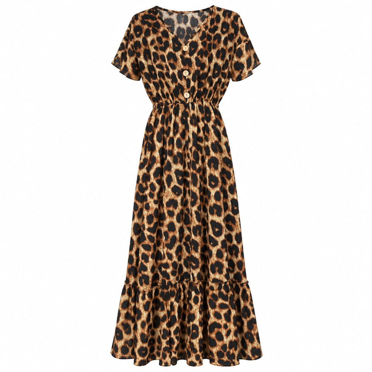 Rochie lunga dama cu imprimeu leopard, maneci scurte si volan