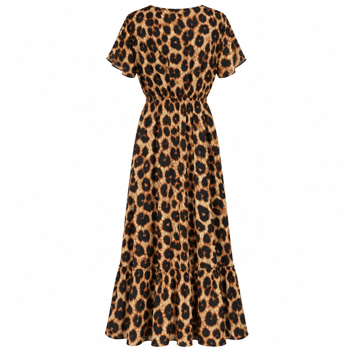 Rochie lunga dama cu imprimeu leopard, maneci scurte si volan