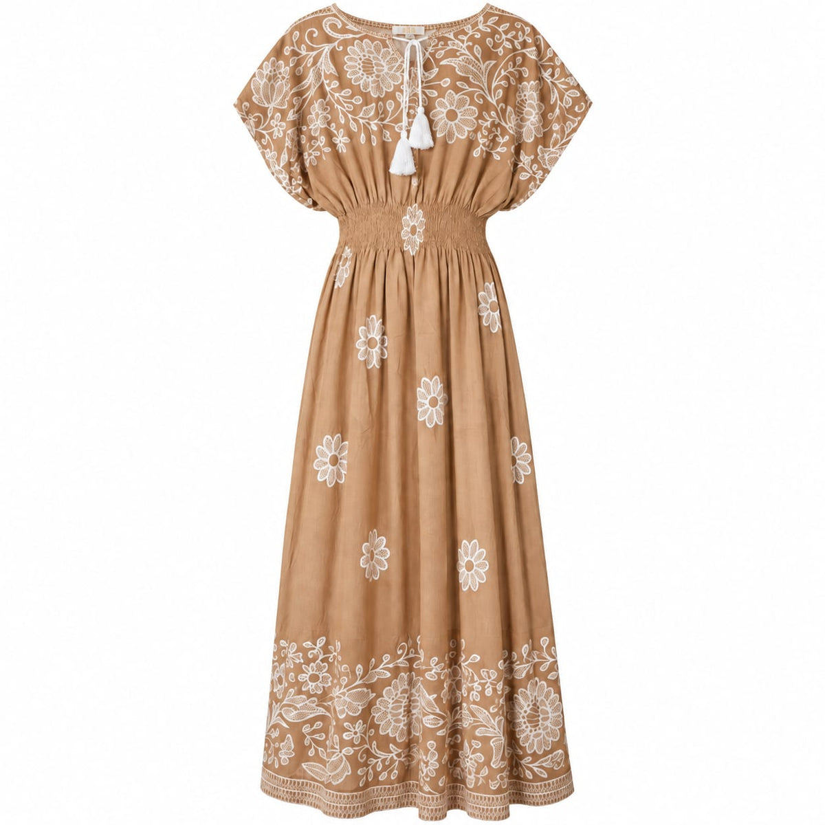 Rochie lunga camel cu flori albe, 3XL/4XL - Lichidare de stoc