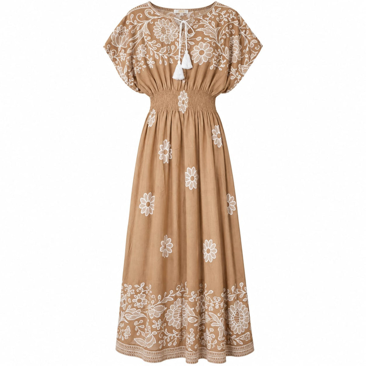 Rochie lunga camel cu flori albe, 3XL/4XL - Lichidare de stoc