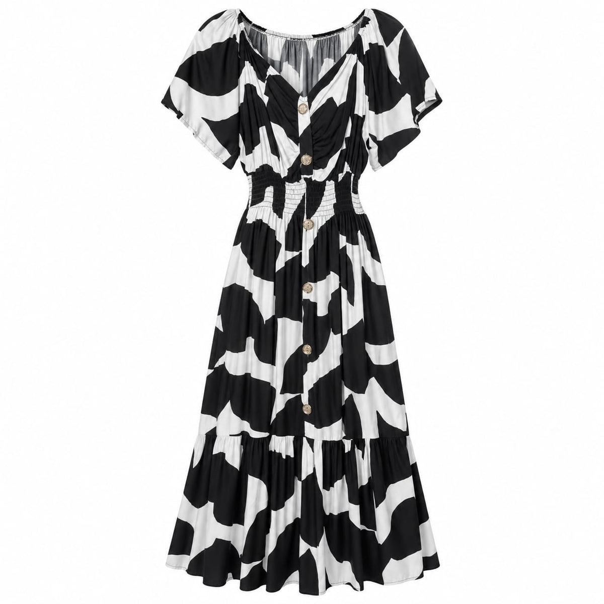 Rochie dama alb-negru cu nasturi si volan, marime M/L - Lichidare de stoc