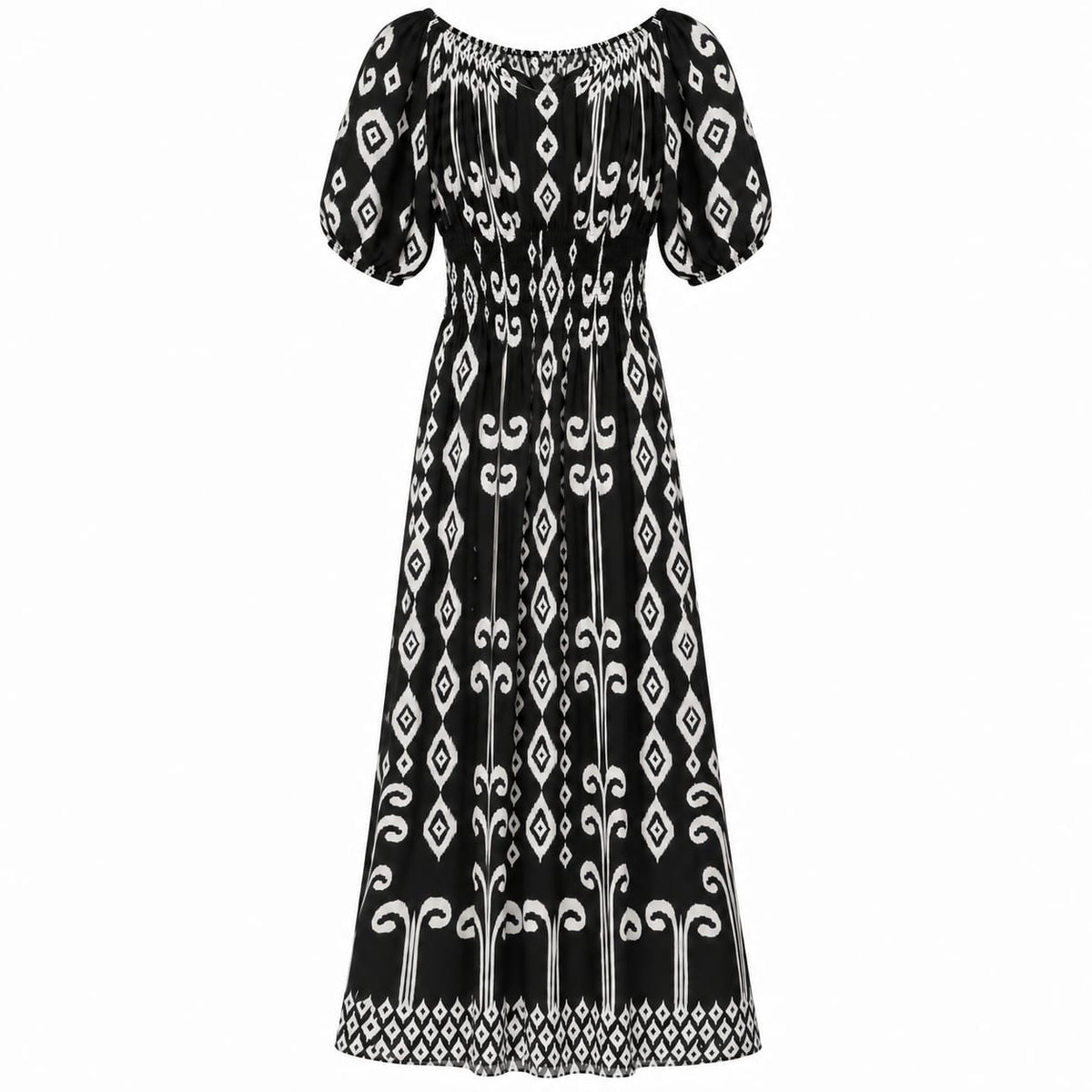 Rochie lunga dama crem-negru, talie elastica, marime XL/XXL - Lichidare de stoc