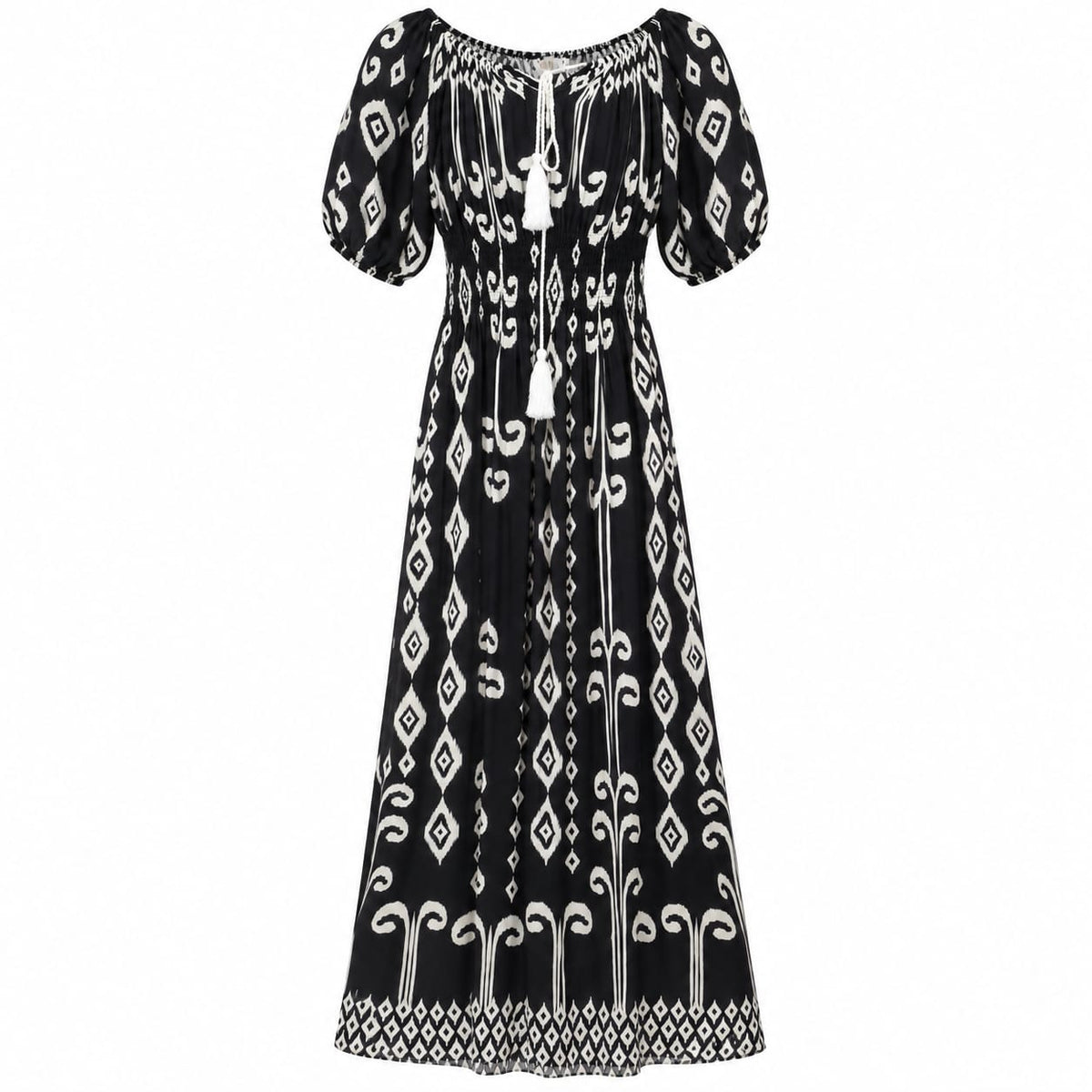 Rochie lunga dama crem-negru, talie elastica, marime XL/XXL - Lichidare de stoc