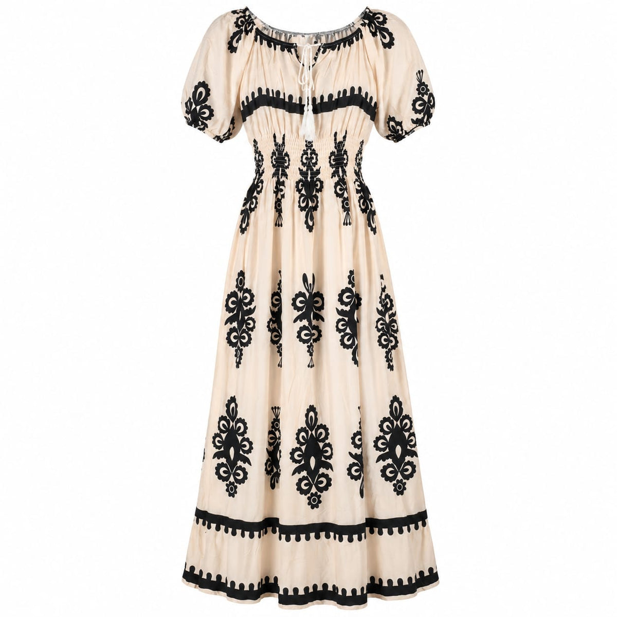 Rochie lunga dama crem-negru, talie elastica, marime XL/XXL - Lichidare de stoc