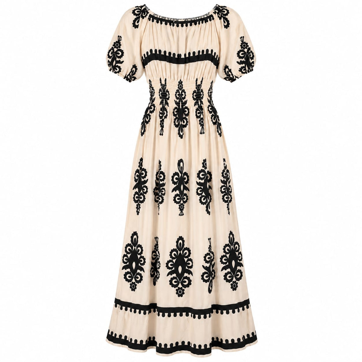 Rochie lunga dama crem-negru, talie elastica, marime XL/XXL - Lichidare de stoc