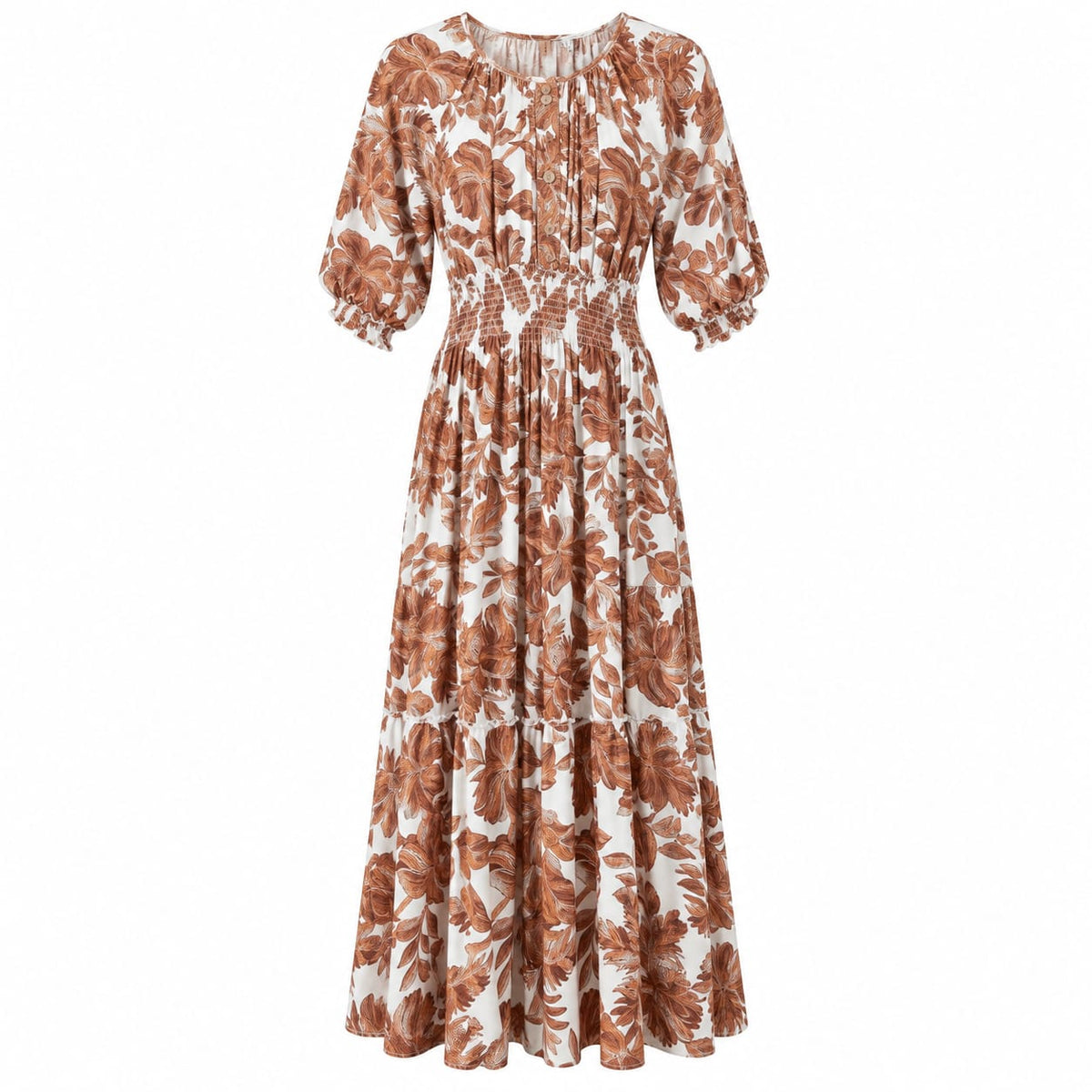 Rochie lunga dama din bumbac, flori maro, XL, 3XL, 4XL - Lichidare de stoc