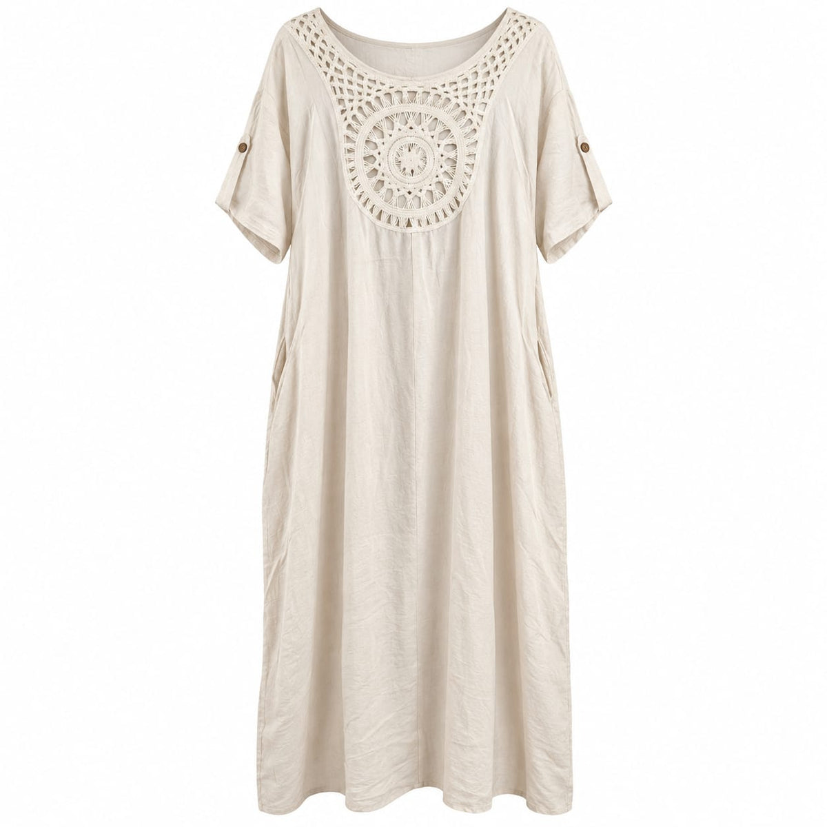 Rochie lunga crem cu buzunare si dantela la spate, 3XL/4XL - Lichidare stoc