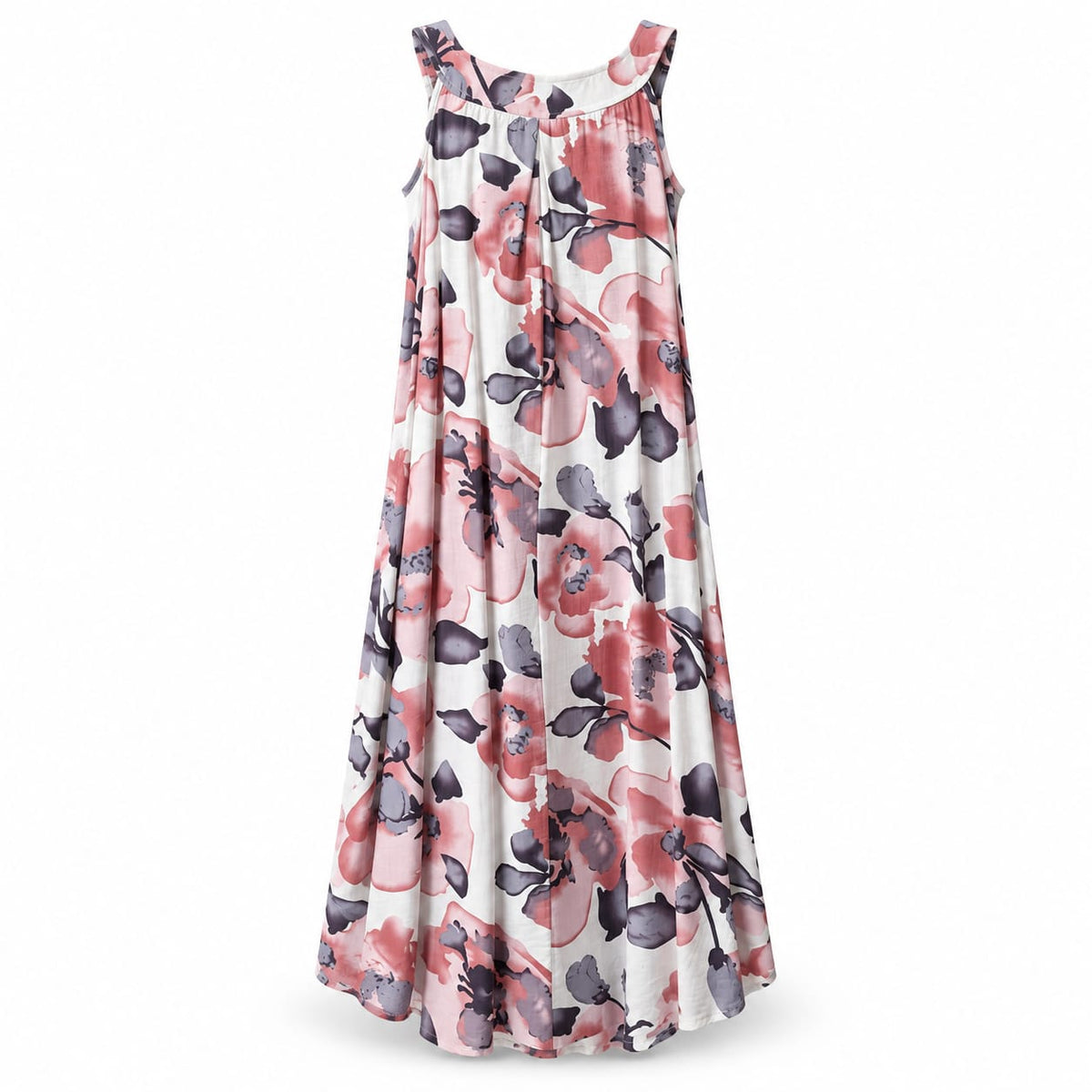 Rochie lunga cu imprimeu floral roz si gri, bretele late, M/L - Lichidare stoc