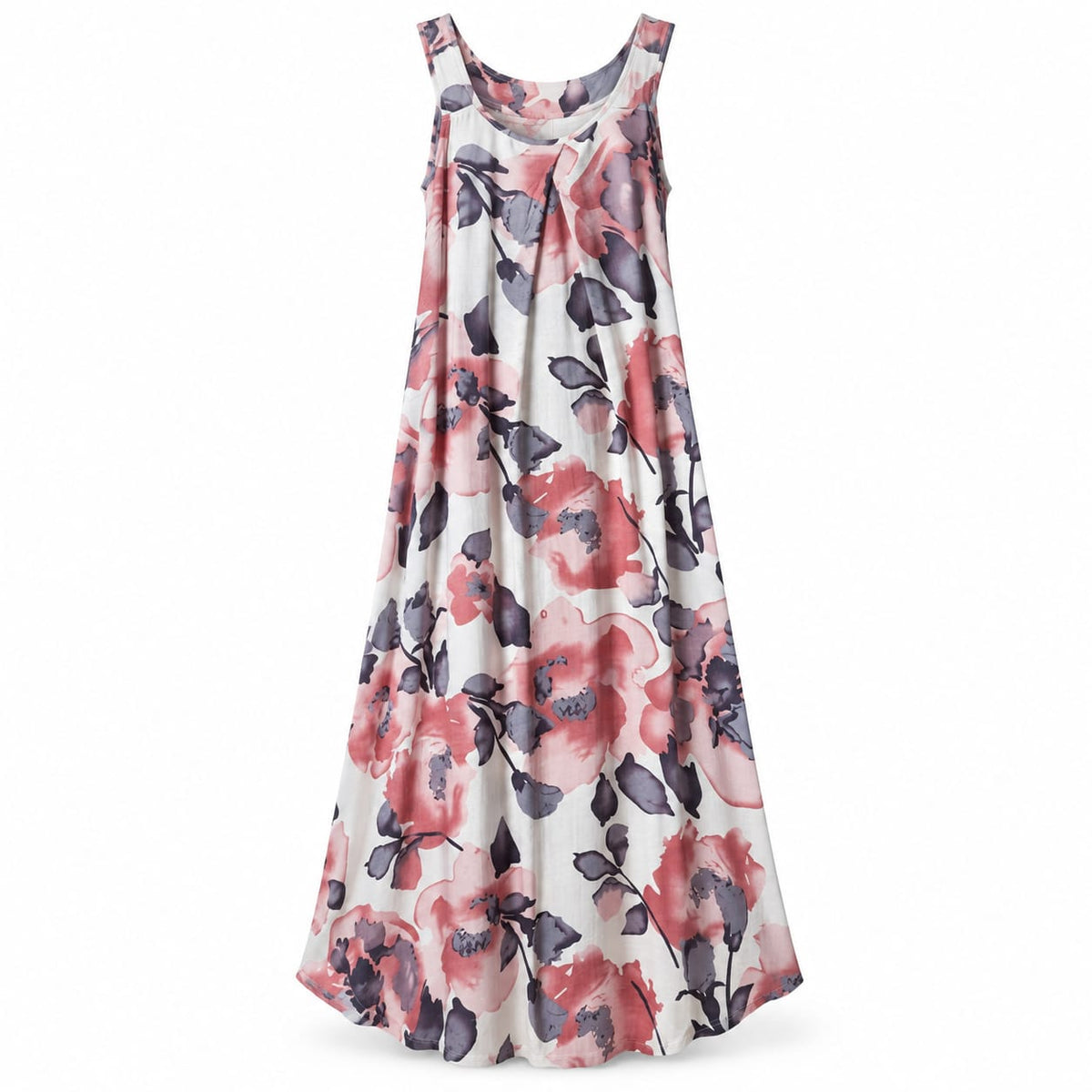 Rochie lunga cu imprimeu floral roz si gri, bretele late, M/L - Lichidare stoc