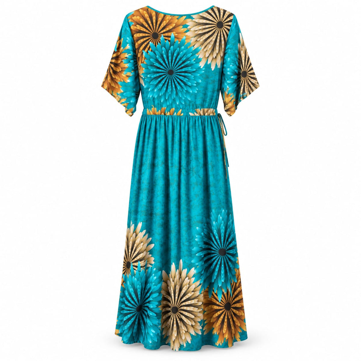Rochie lunga turcoaz din bumbac 100%, cu imprimeu floral - Lichidare stoc