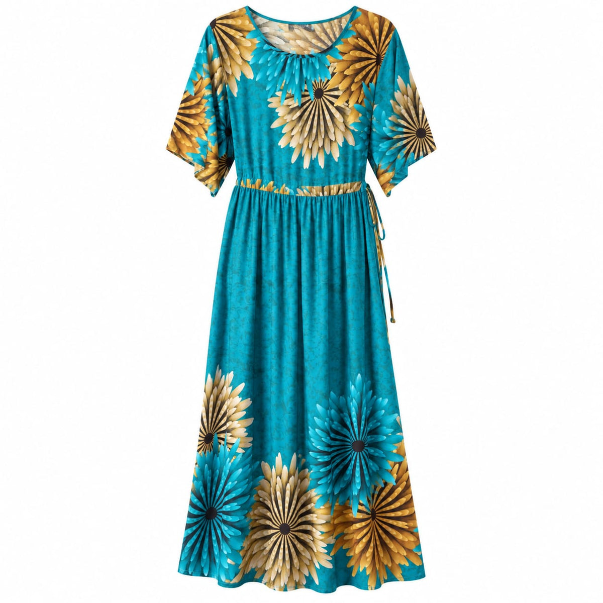 Rochie lunga turcoaz din bumbac 100%, cu imprimeu floral - Lichidare stoc