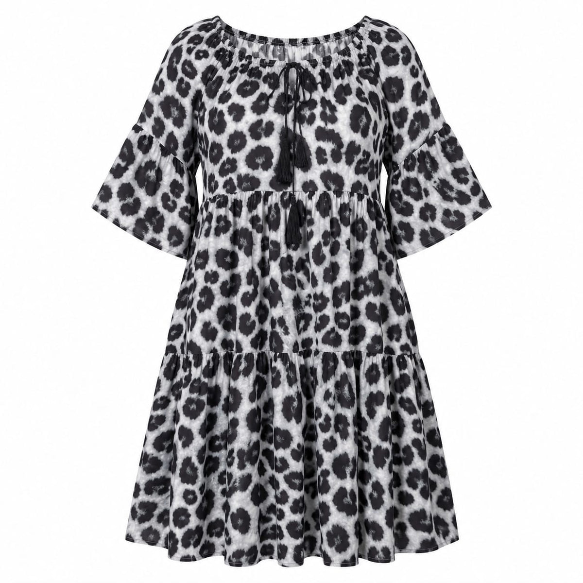 Rochie dama animal print alb-negru cu volane, 3XL - Lichidare stoc
