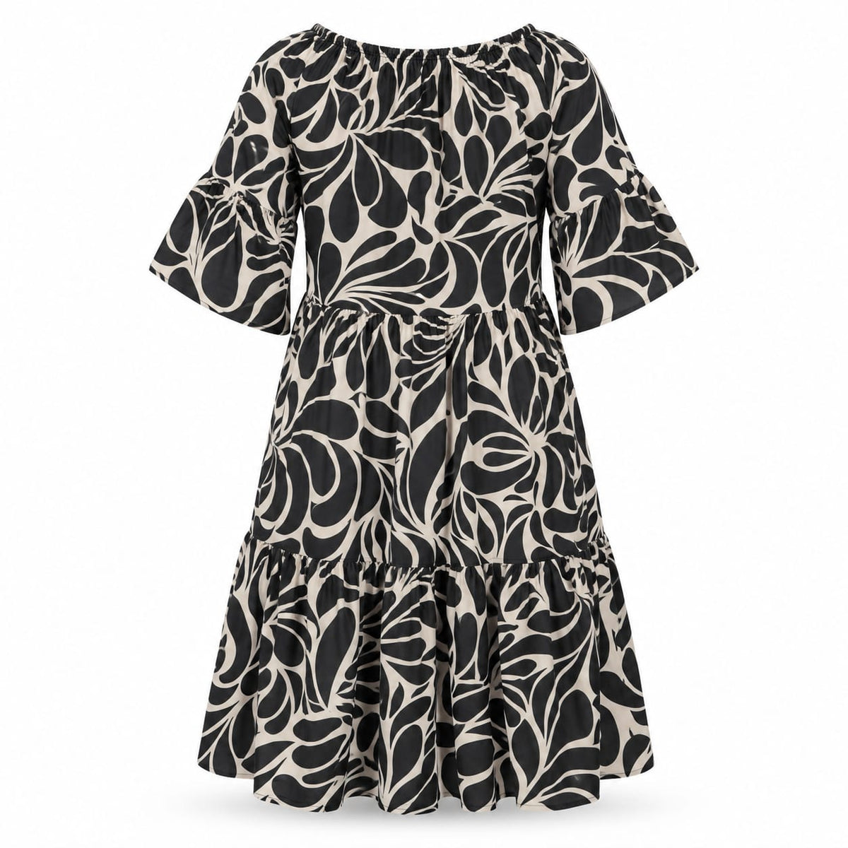 Rochie dama negru-bej cu imprimeu floral si volane, 2XL - Lichidare stoc