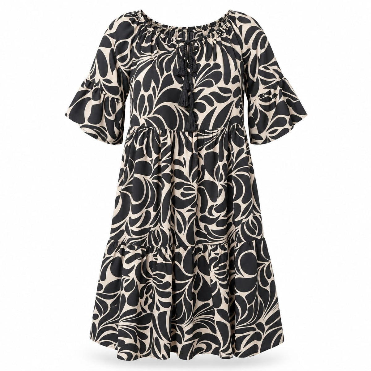 Rochie dama negru-bej cu imprimeu floral si volane, 2XL - Lichidare stoc