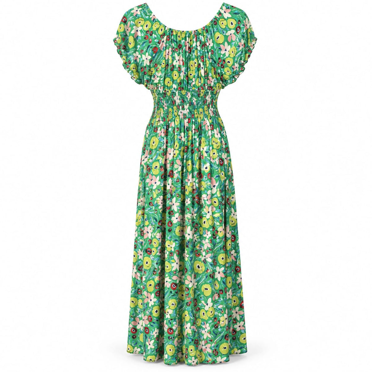 Rochie lunga verde cu imprimeu floral si talie elastica, XL/XXL - Lichidare stoc