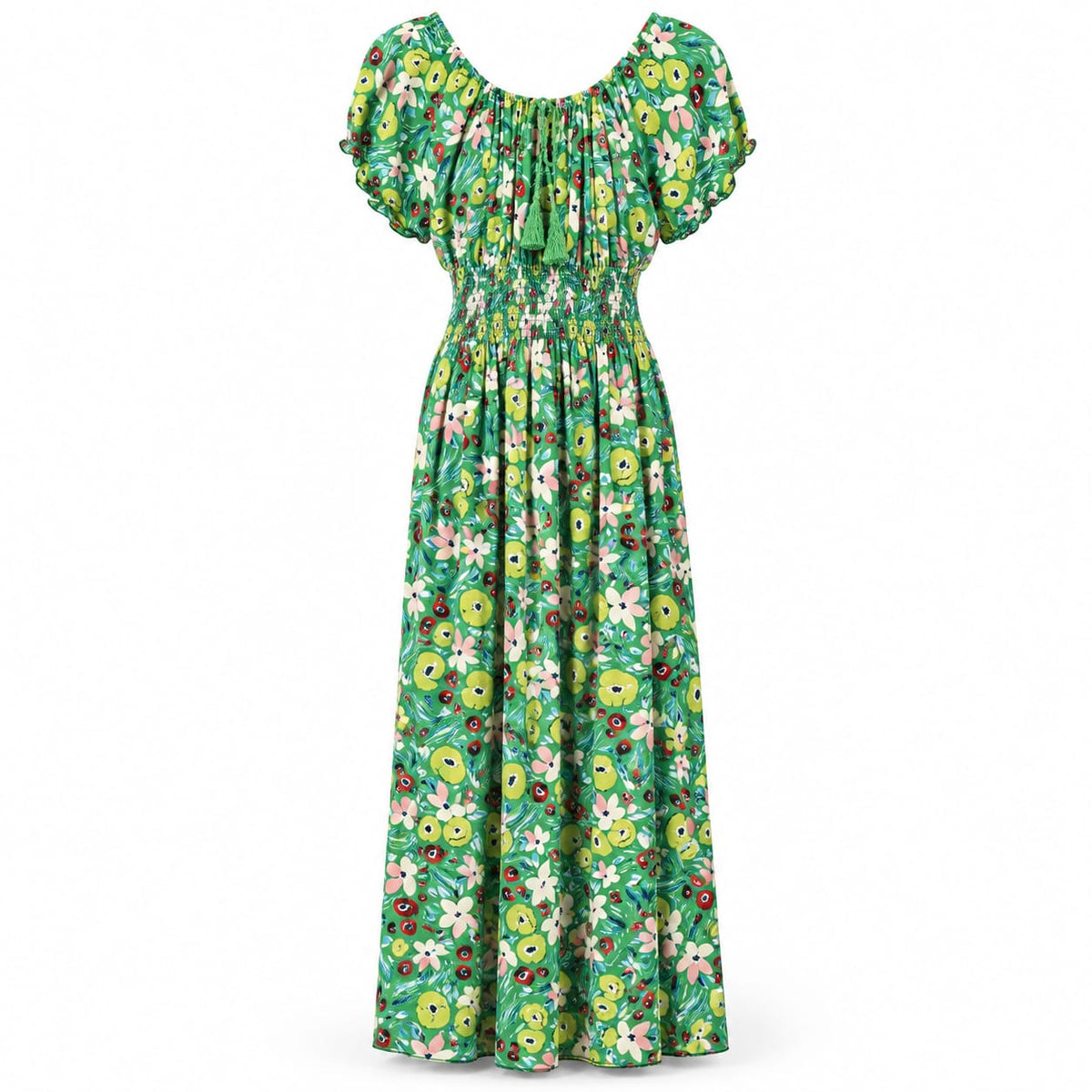 Rochie lunga verde cu imprimeu floral si talie elastica, XL/XXL - Lichidare stoc