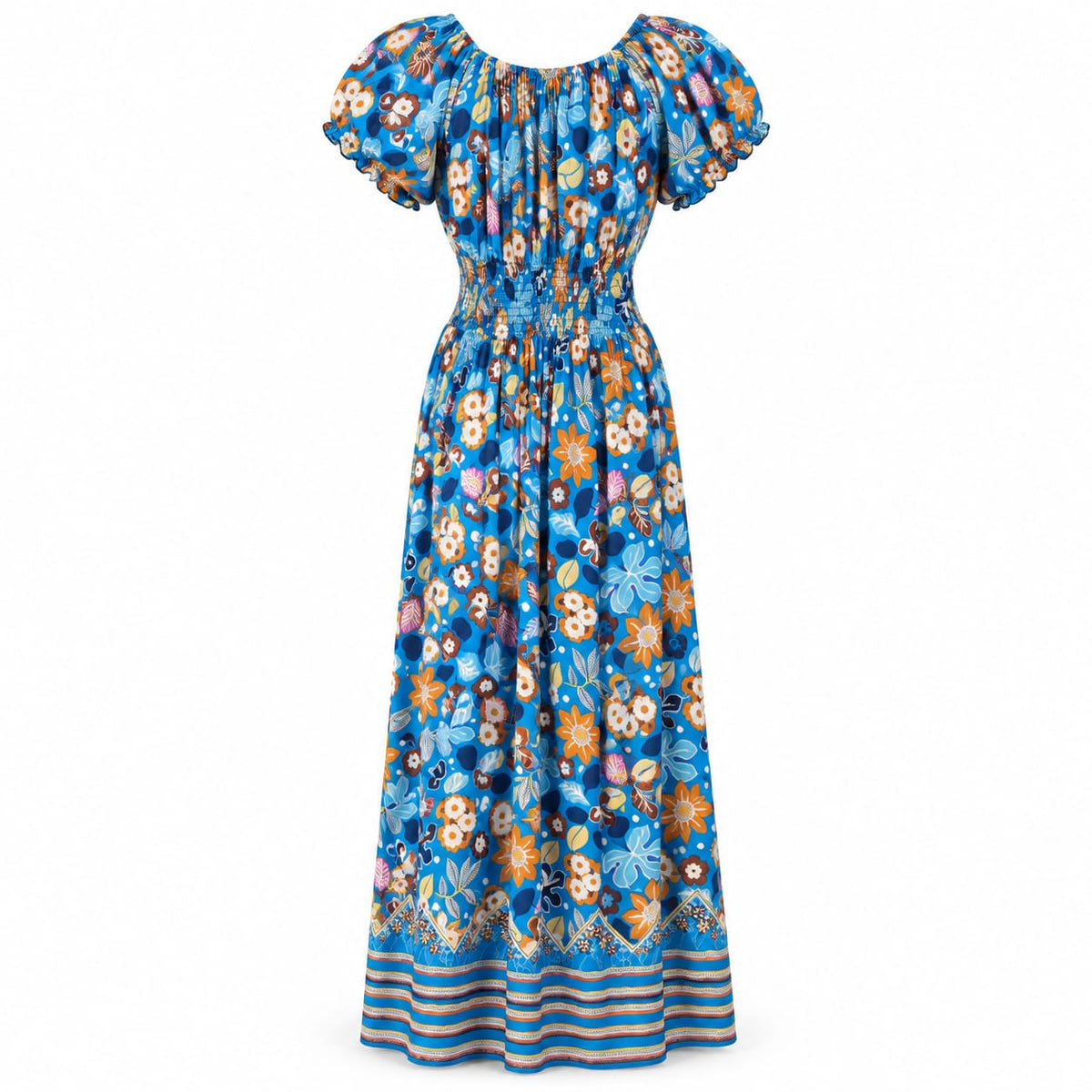 Rochie lunga albastra cu imprimeu floral si talie elastica, XL/XXL - Lichidare stoc