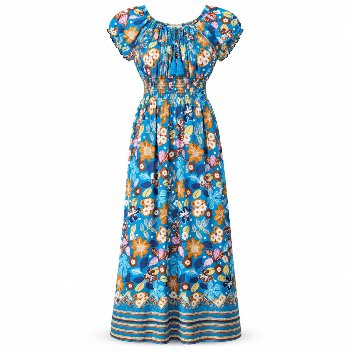 Rochie lunga albastra cu imprimeu floral si talie elastica, XL/XXL - Lichidare stoc