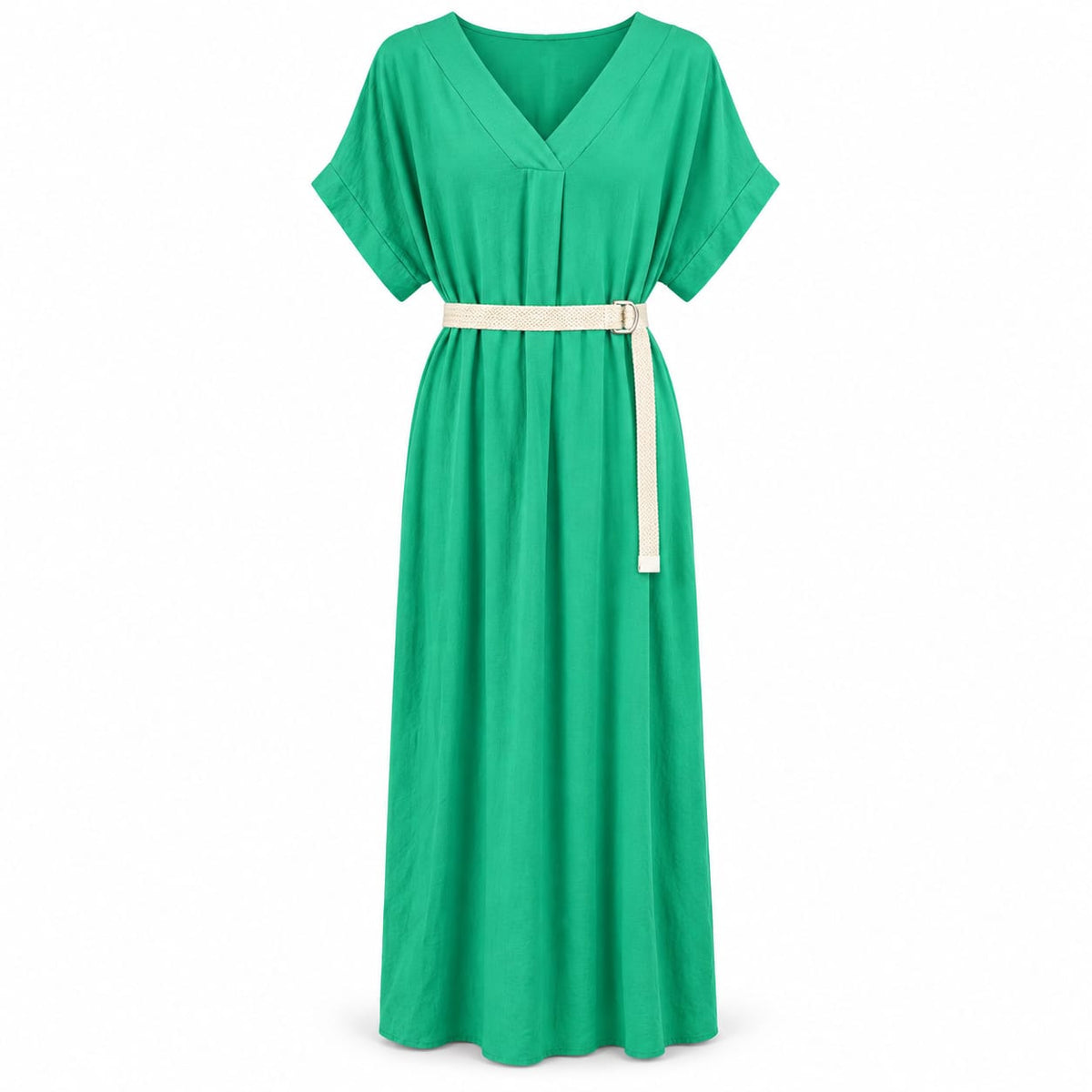 Rochie lunga verde cu decolteu in V si curea impletita, L/XL - Lichidare stoc